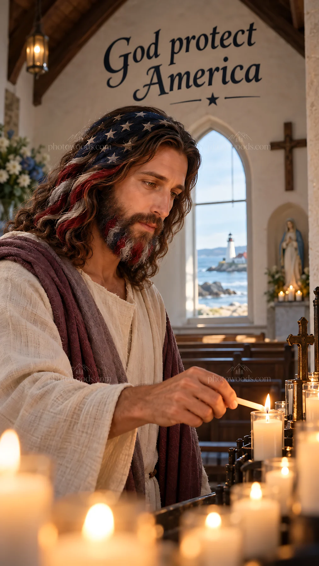 Jesus Christ lighting a candle in a church setting - AI-generated stock image