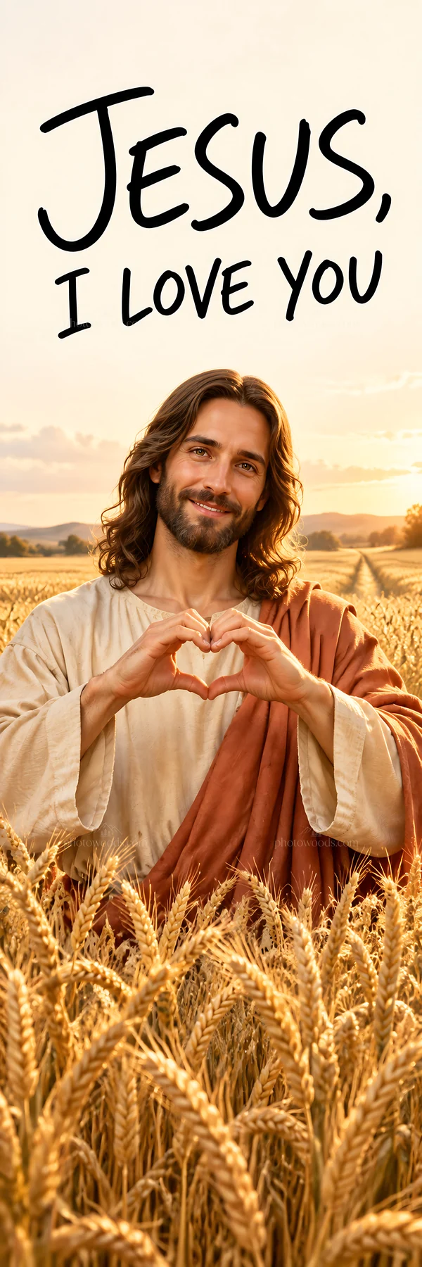 Jesus Christ making a heart gesture in a wheat field - AI-generated stock image
