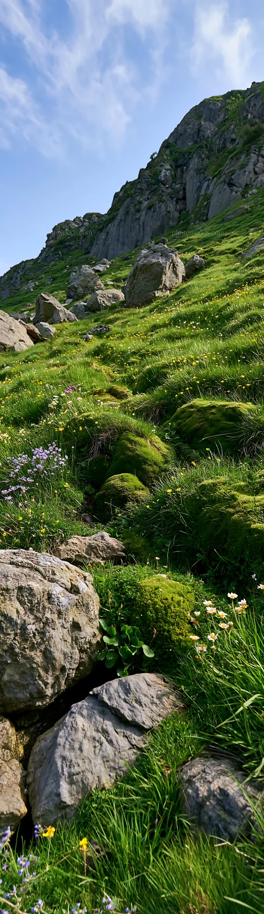 Mossy boulders in a green meadow near rocky hills - AI-generated stock image