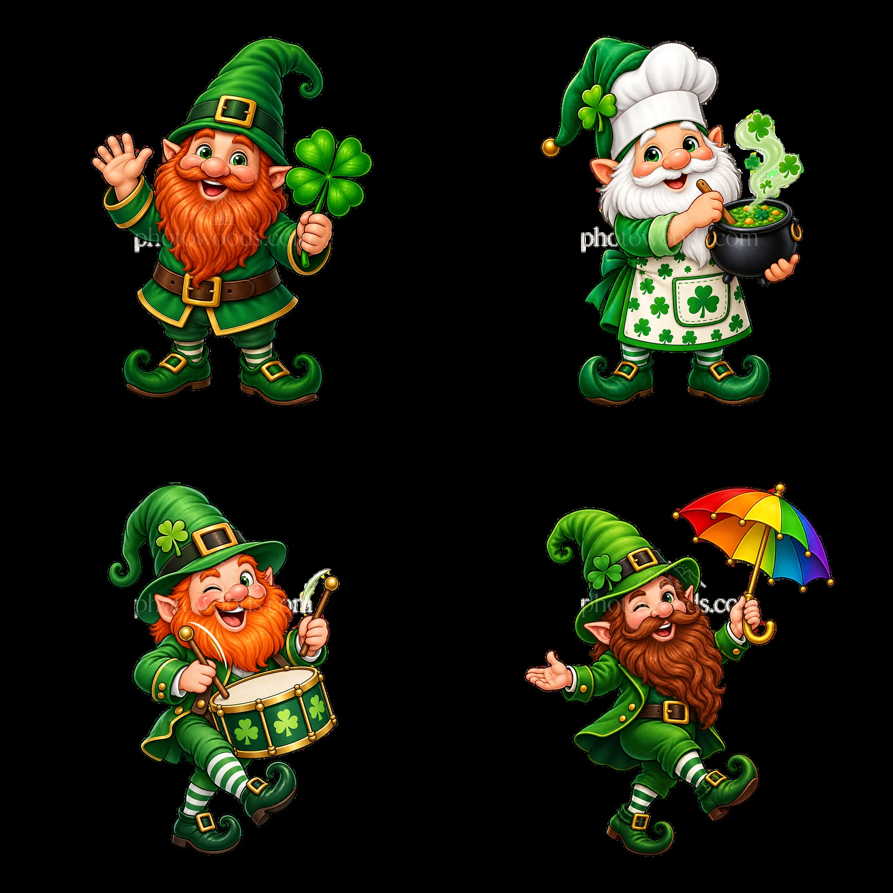 St. Patrick's Day gnomes with clovers, pot of gold, drum, and umbrella - AI-generated stock image