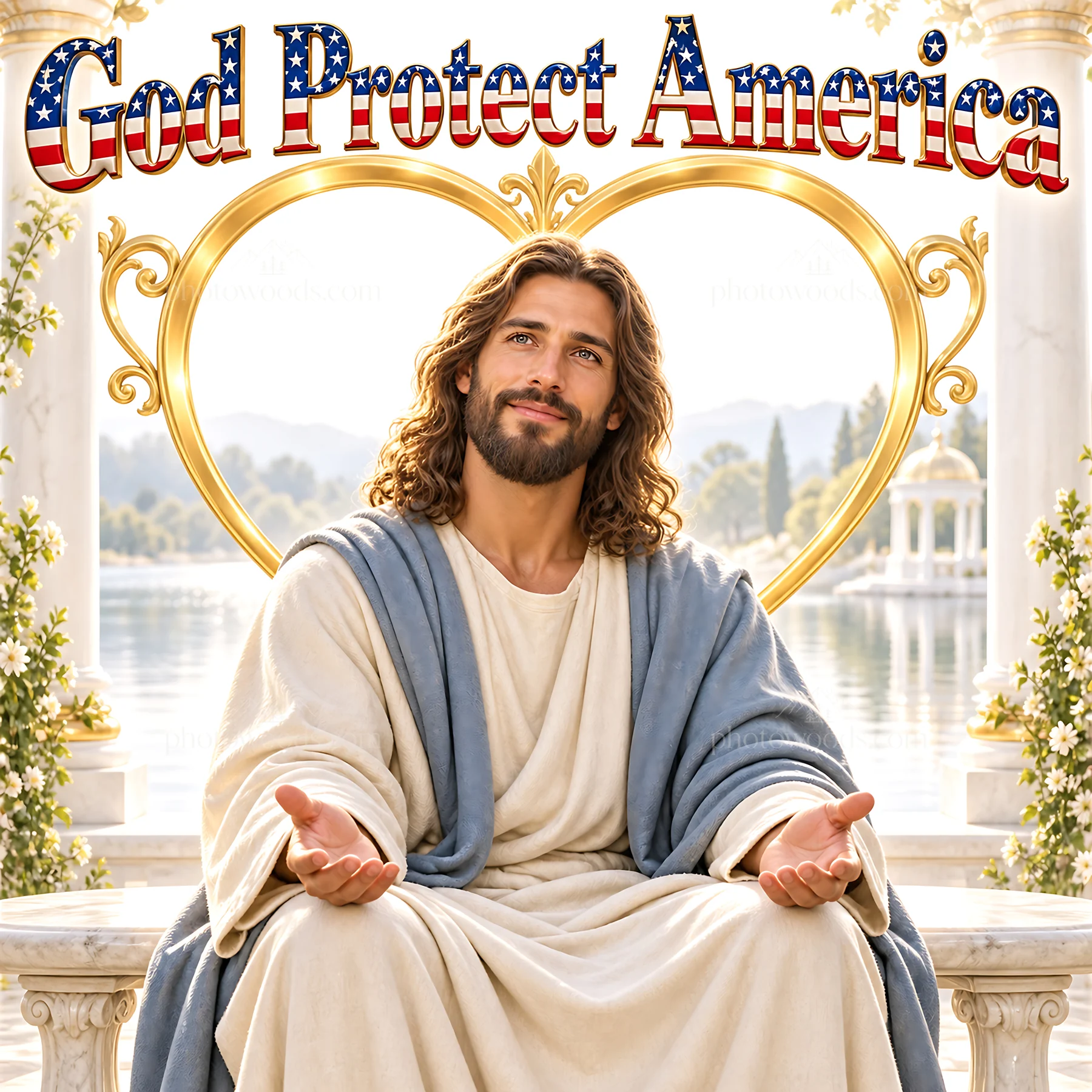 Jesus Christ welcomes viewers with open hands in a serene setting - AI-generated stock image