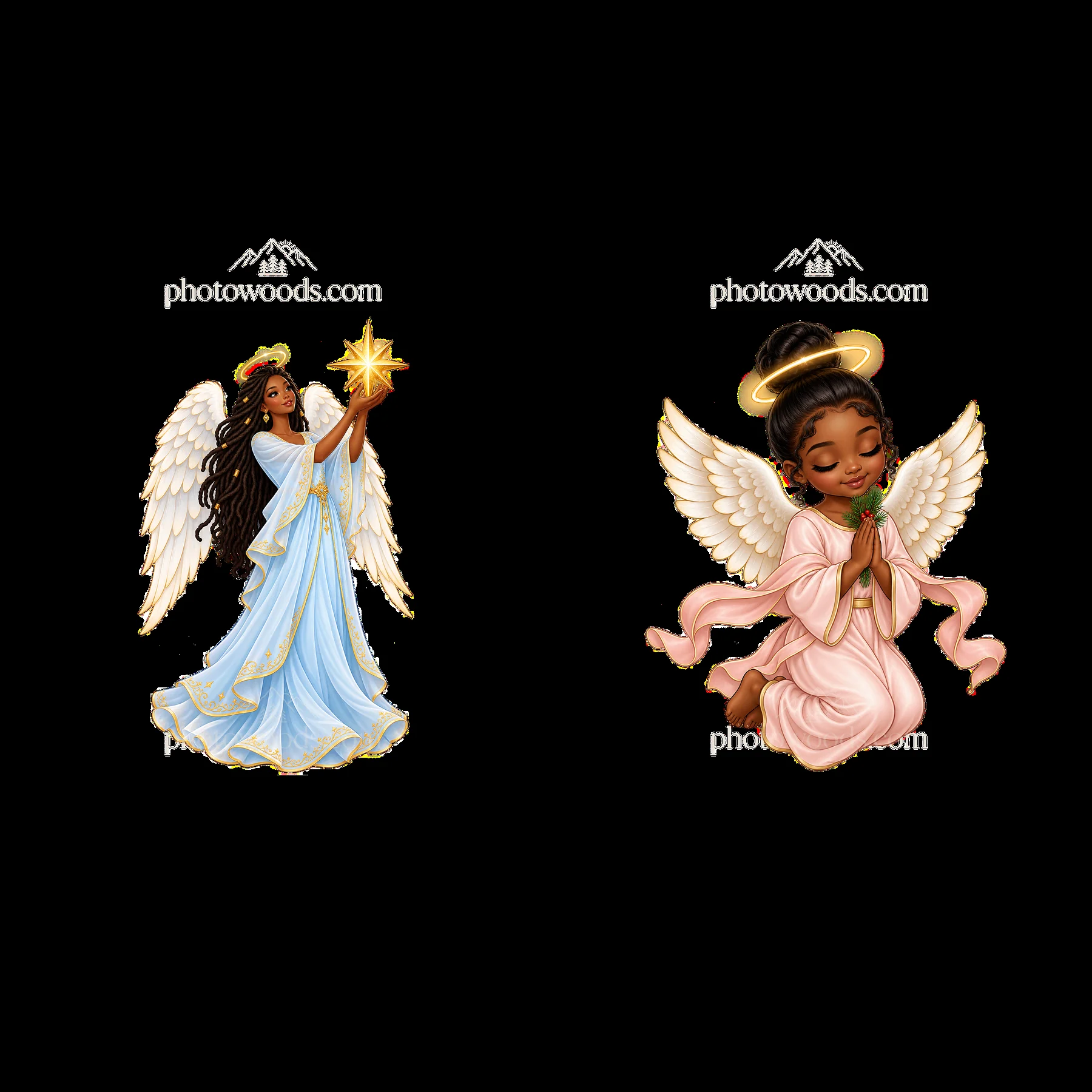 Cartoon Christmas angels holding a star and praying - AI-generated stock image