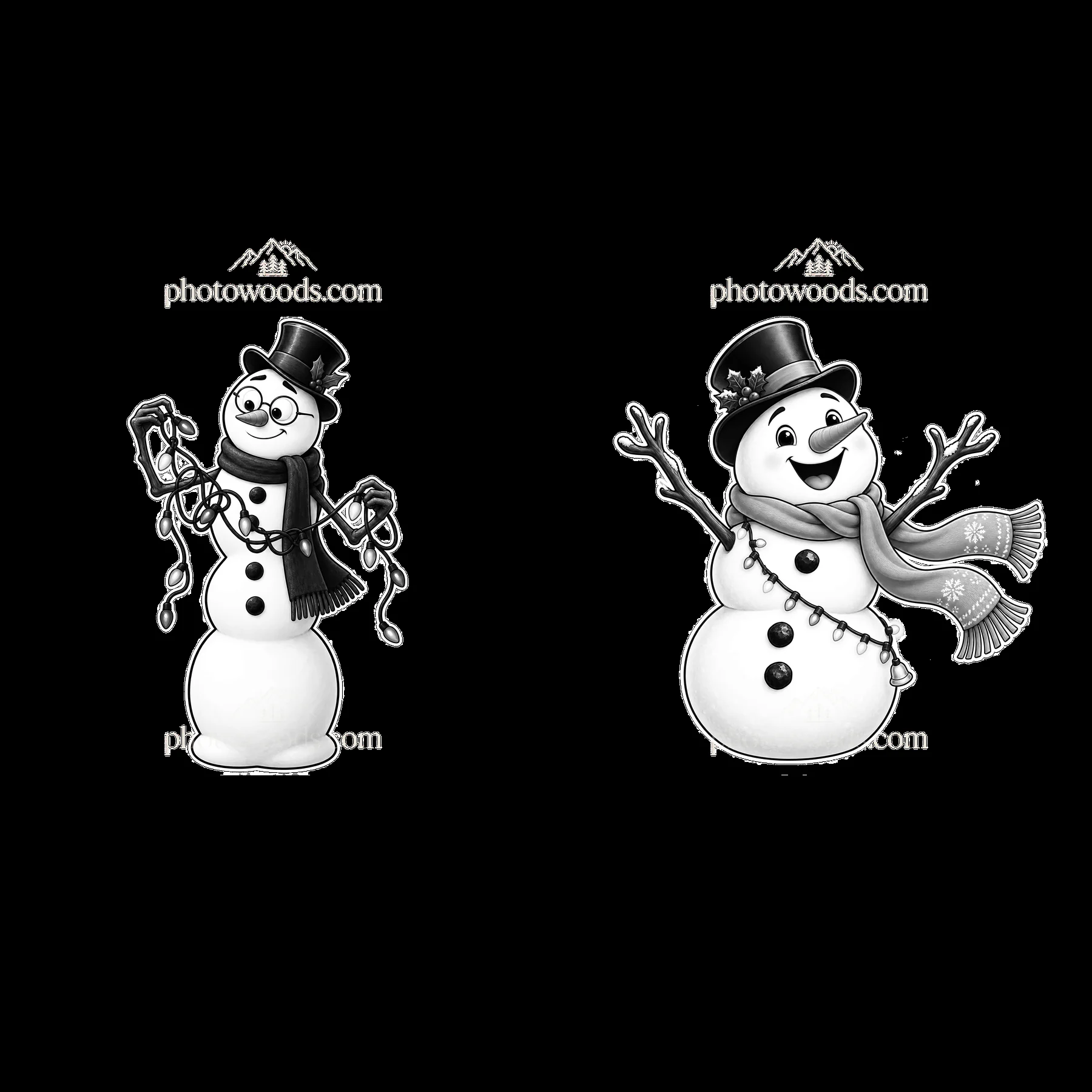 Snowman with string lights and accessories in a playful pose - AI-generated stock image