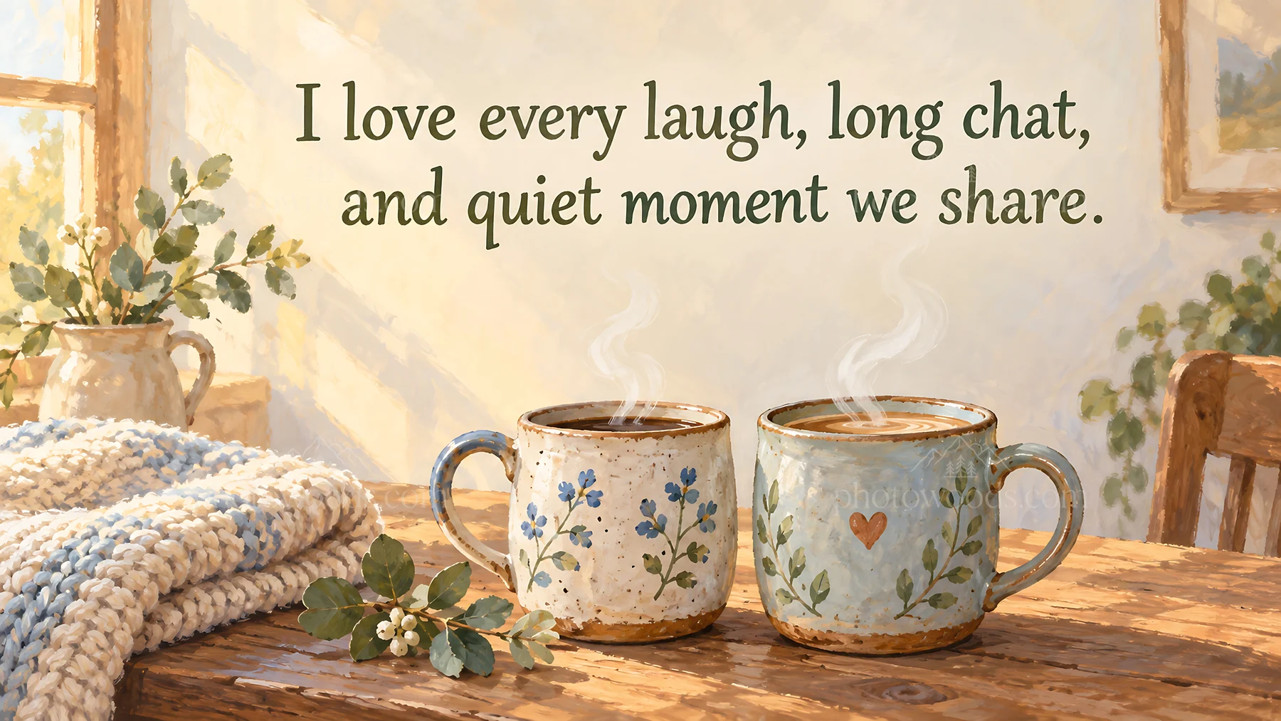 Sister Greeting with Two Steaming Mugs - AI-generated stock image