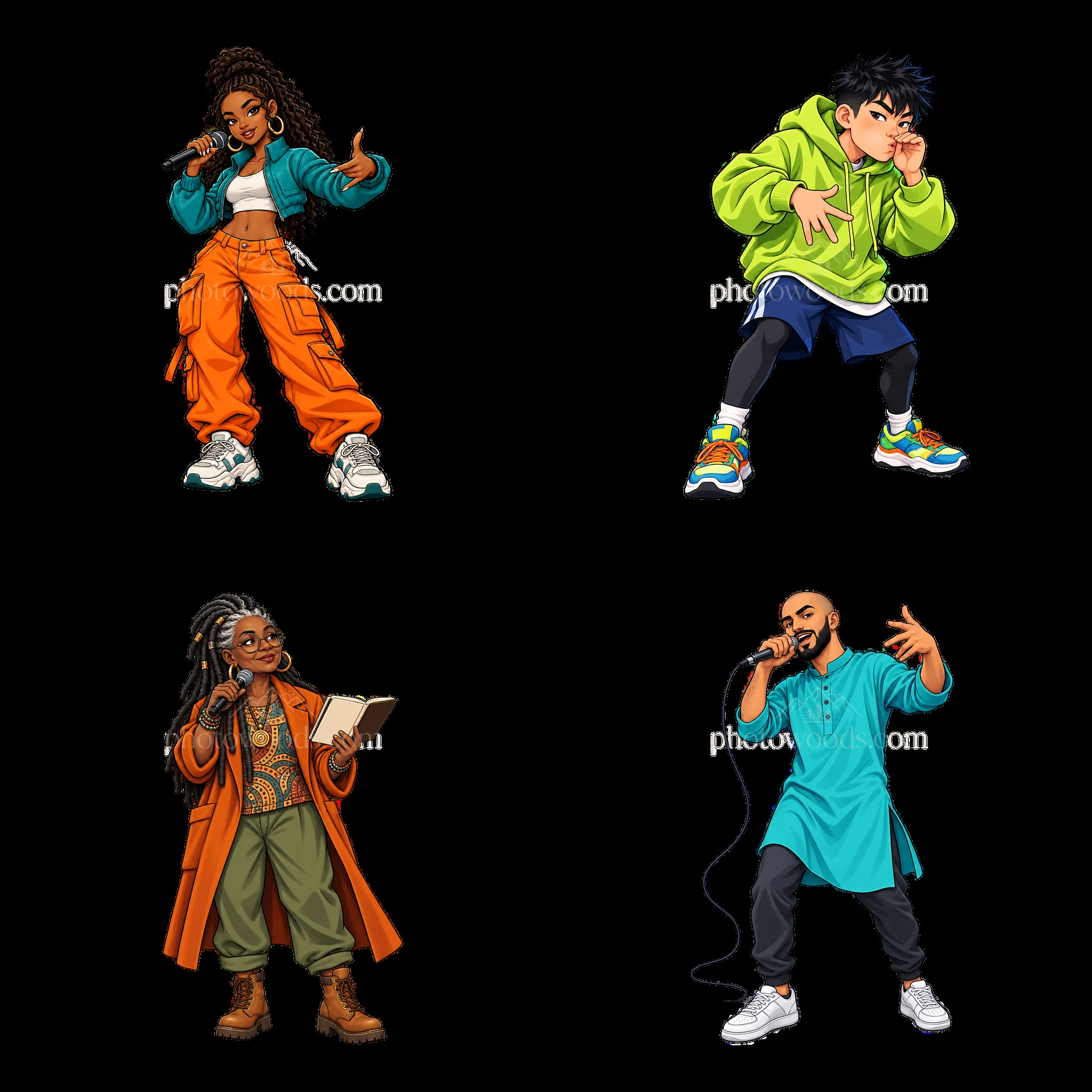 Hip-hop artists performing in a vibrant cartoon style - AI-generated stock image