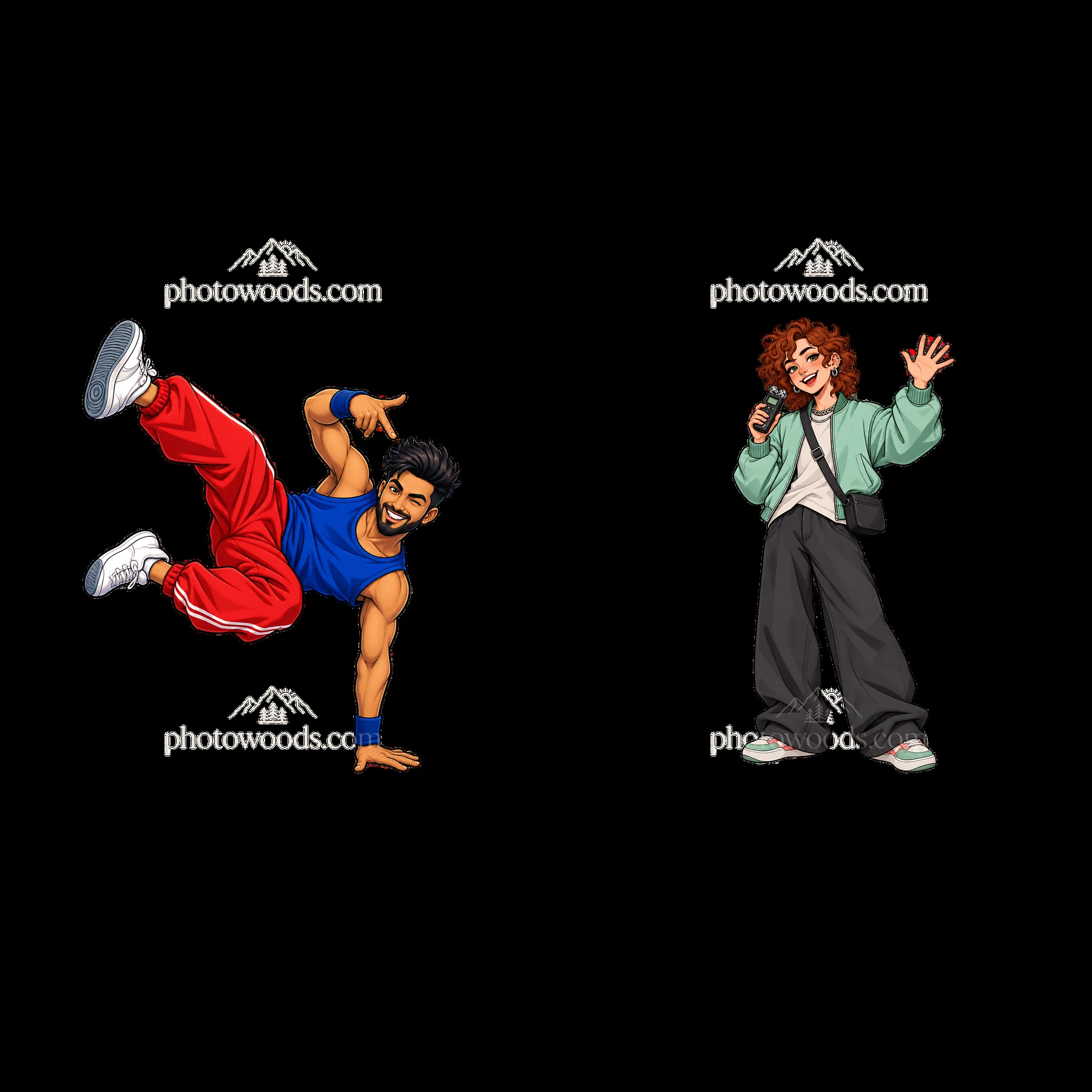 Hip-hop dancers in action with mic and breakdancing pose - AI-generated stock image