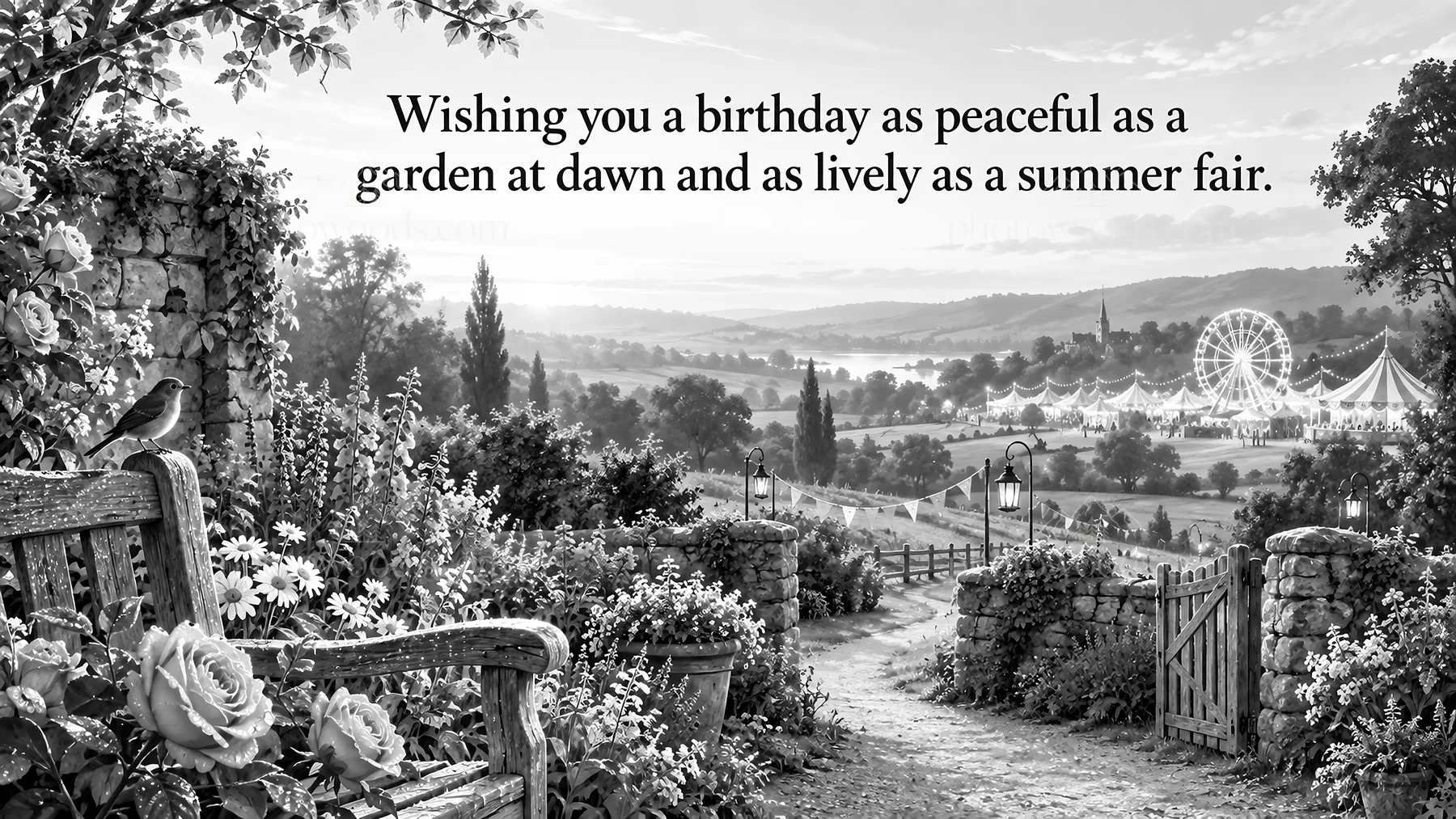 Monochrome Birthday Garden and Summer Fair Greeting - AI-generated stock image