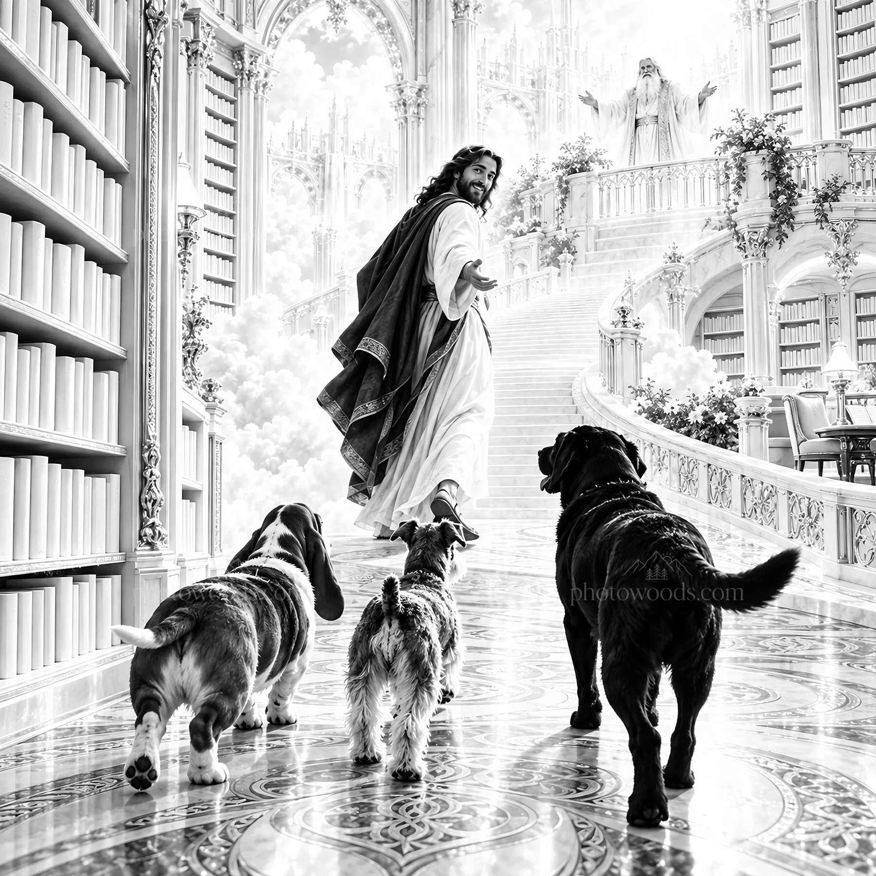 Jesus Christ welcoming dogs in a heavenly library - AI-generated stock image