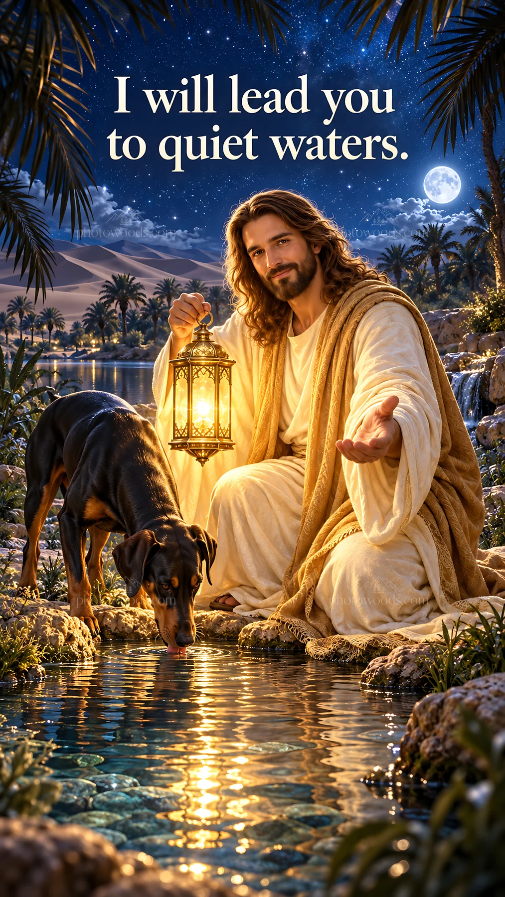 Jesus Christ guiding a dog to quiet waters - AI-generated stock image