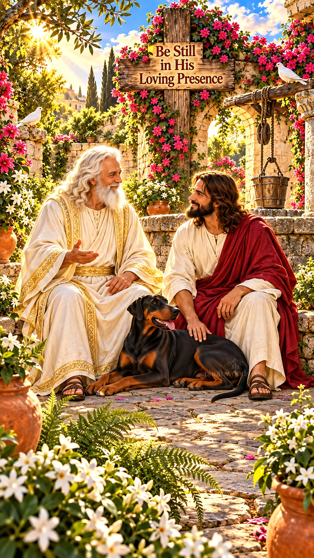 Jesus Christ sharing wisdom in a garden with a dog - AI-generated stock image