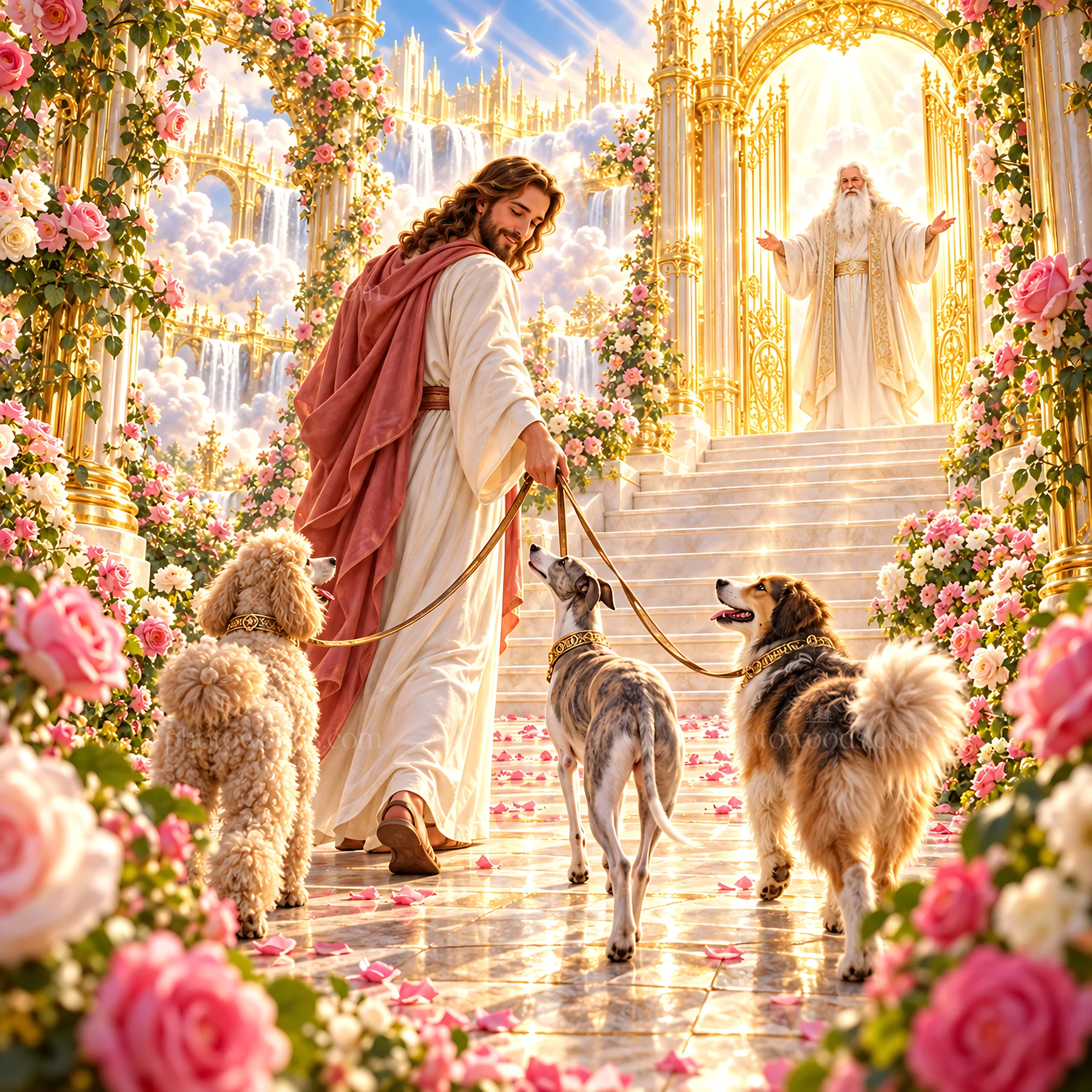 Jesus Christ in Heaven with dogs among flowers - AI-generated stock image