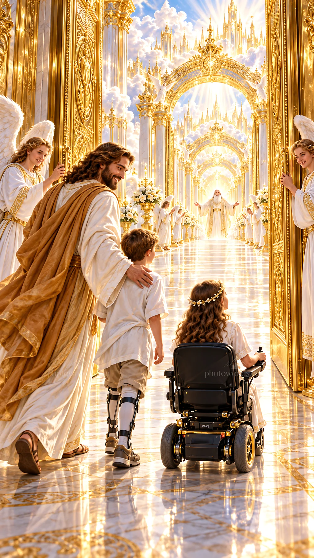 Jesus Christ guiding children through the heavenly gates - AI-generated stock image