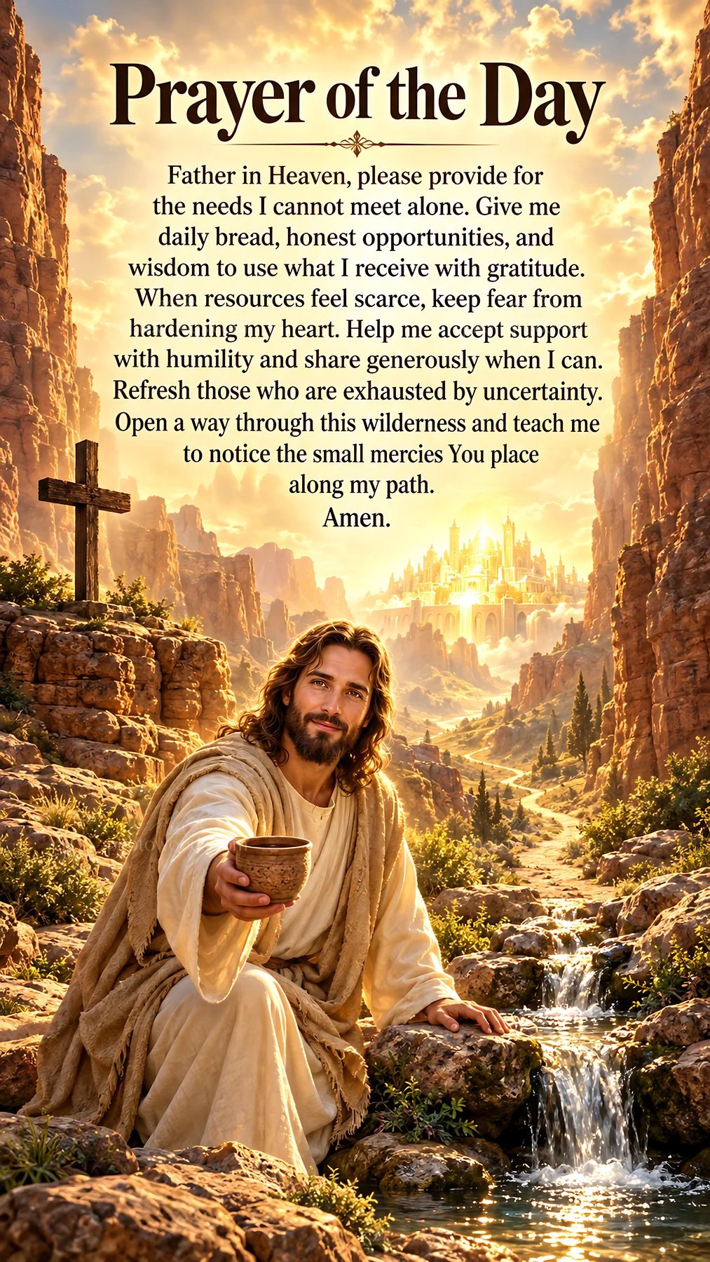 Jesus Christ praying for guidance in a mountain setting - AI-generated stock image