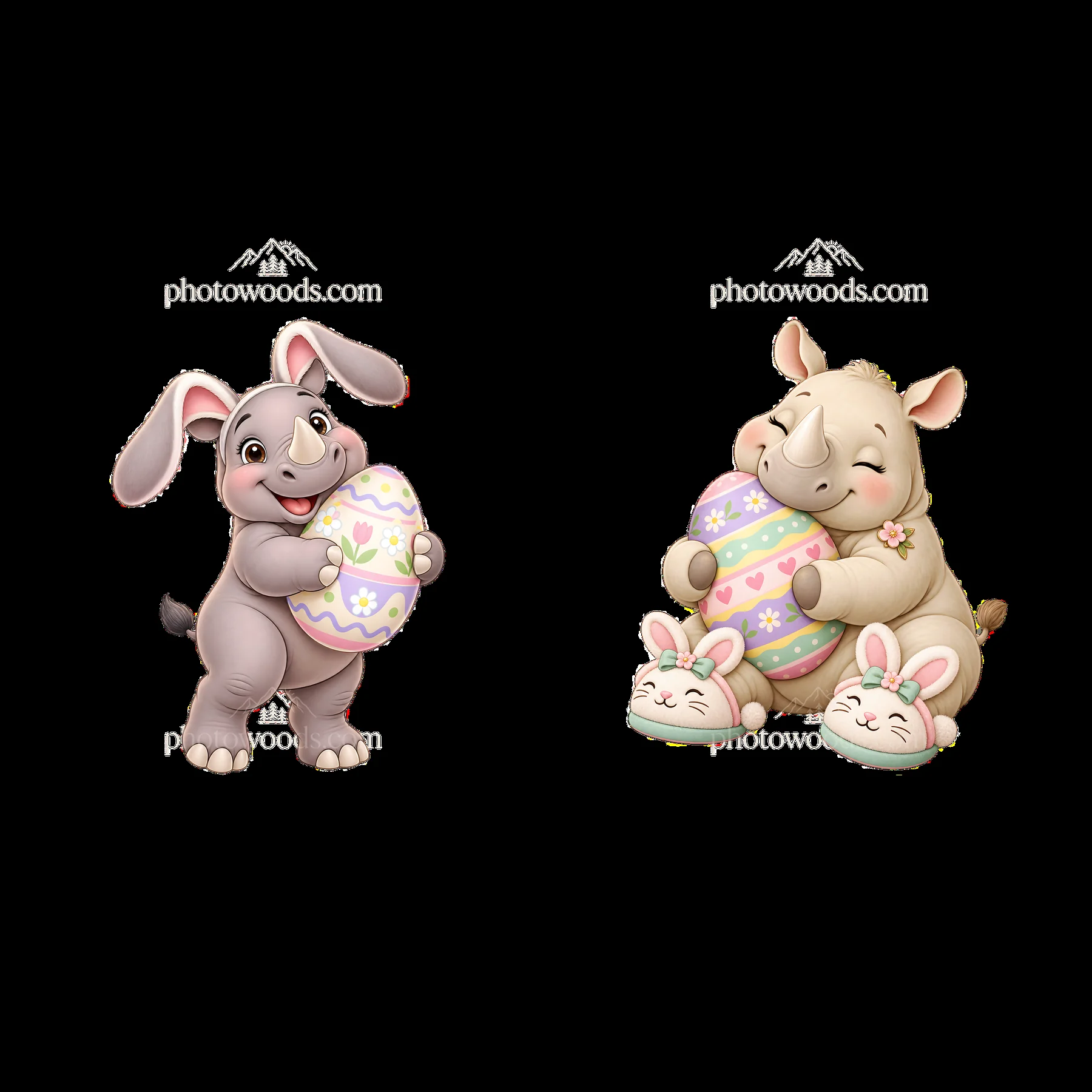 Easter rhinoceros and bunny holding decorated eggs - AI-generated stock image