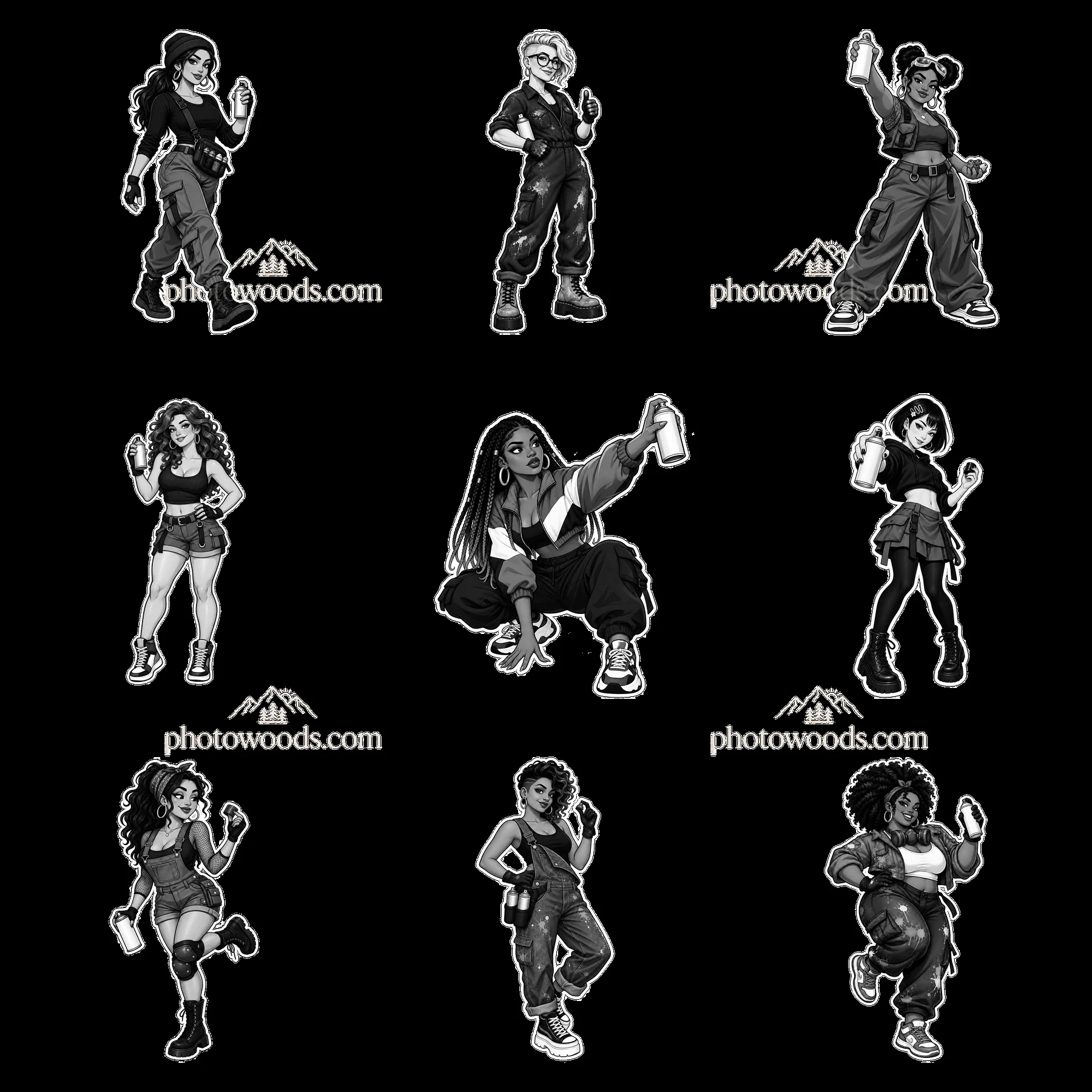 Graffiti artists in monochrome style holding spray cans - AI-generated stock image