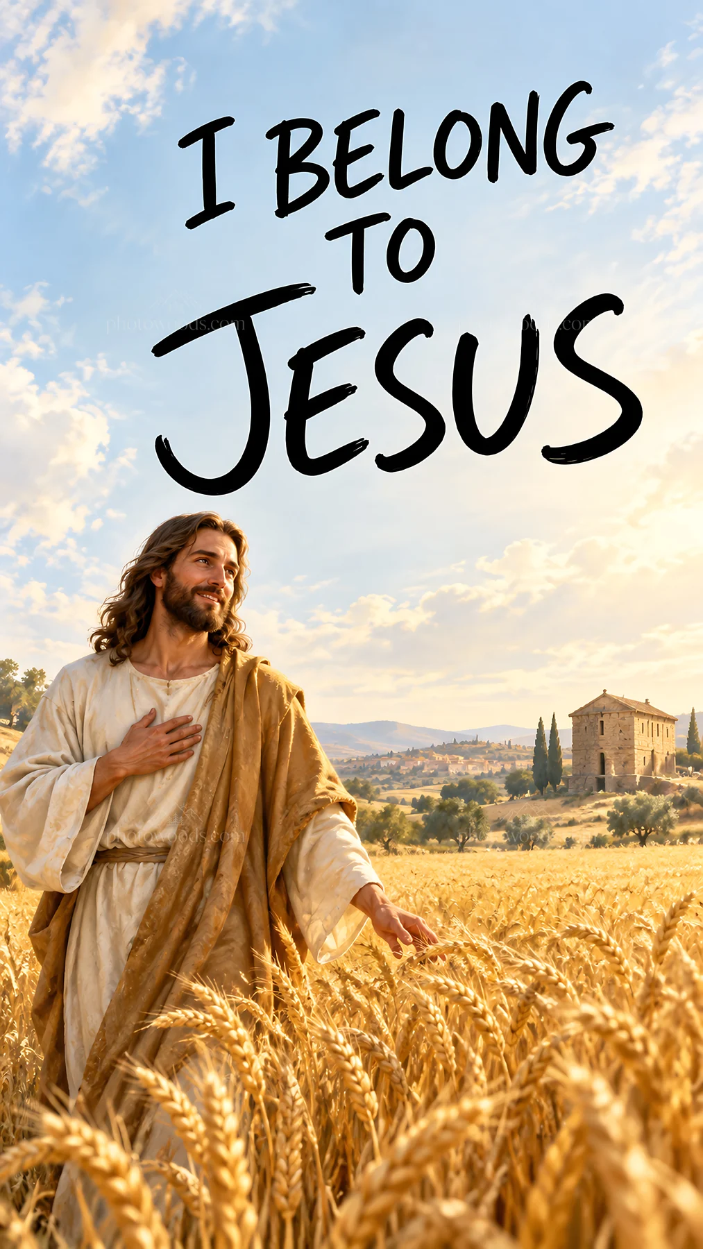 Jesus Christ walking in a wheat field, expressing belonging - AI-generated stock image