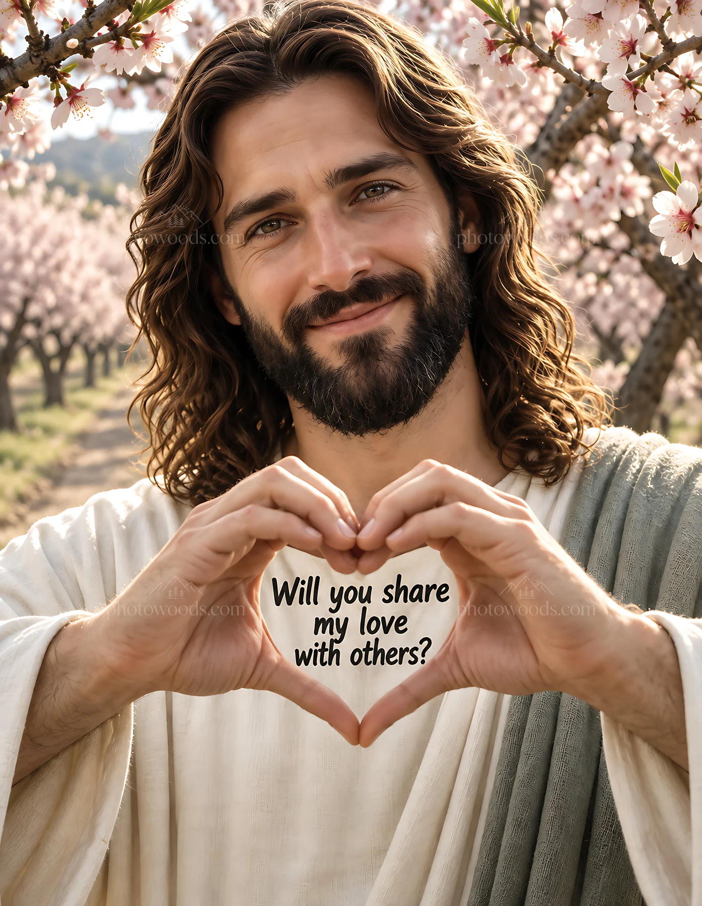 Sharing love in an almond blossom orchard - AI-generated stock image