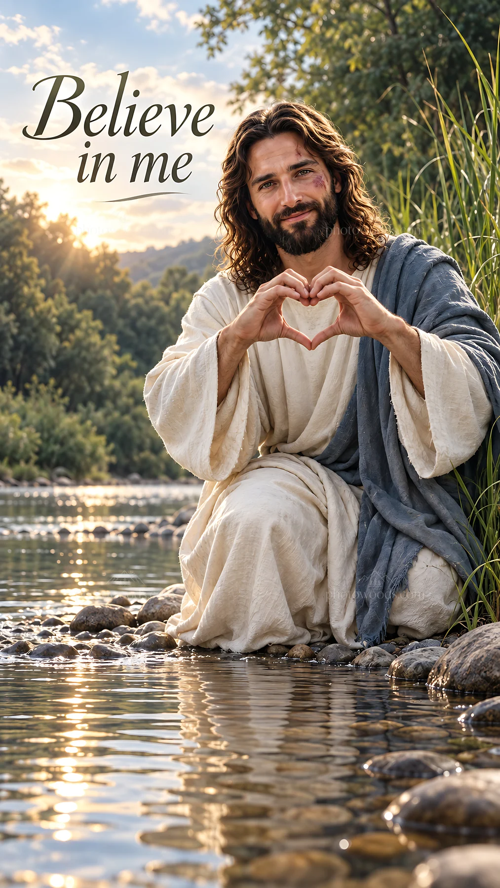 Jesus Christ making a heart shape by the water - AI-generated stock image