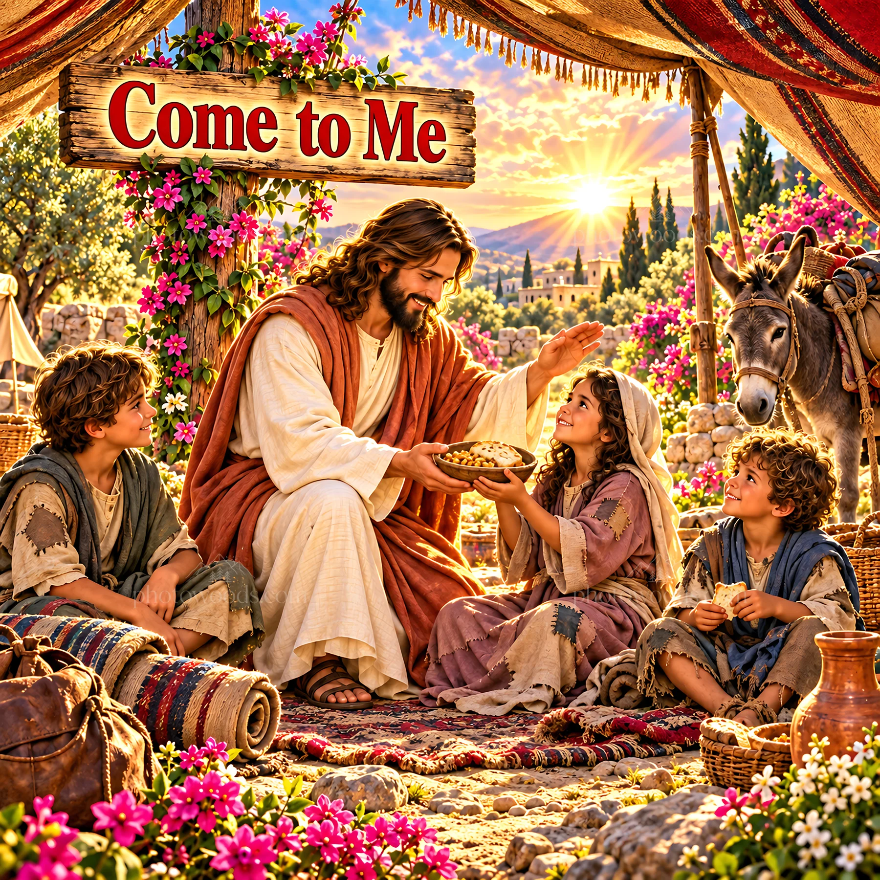 Jesus Christ sharing a meal with children in a garden setting - AI-generated stock image