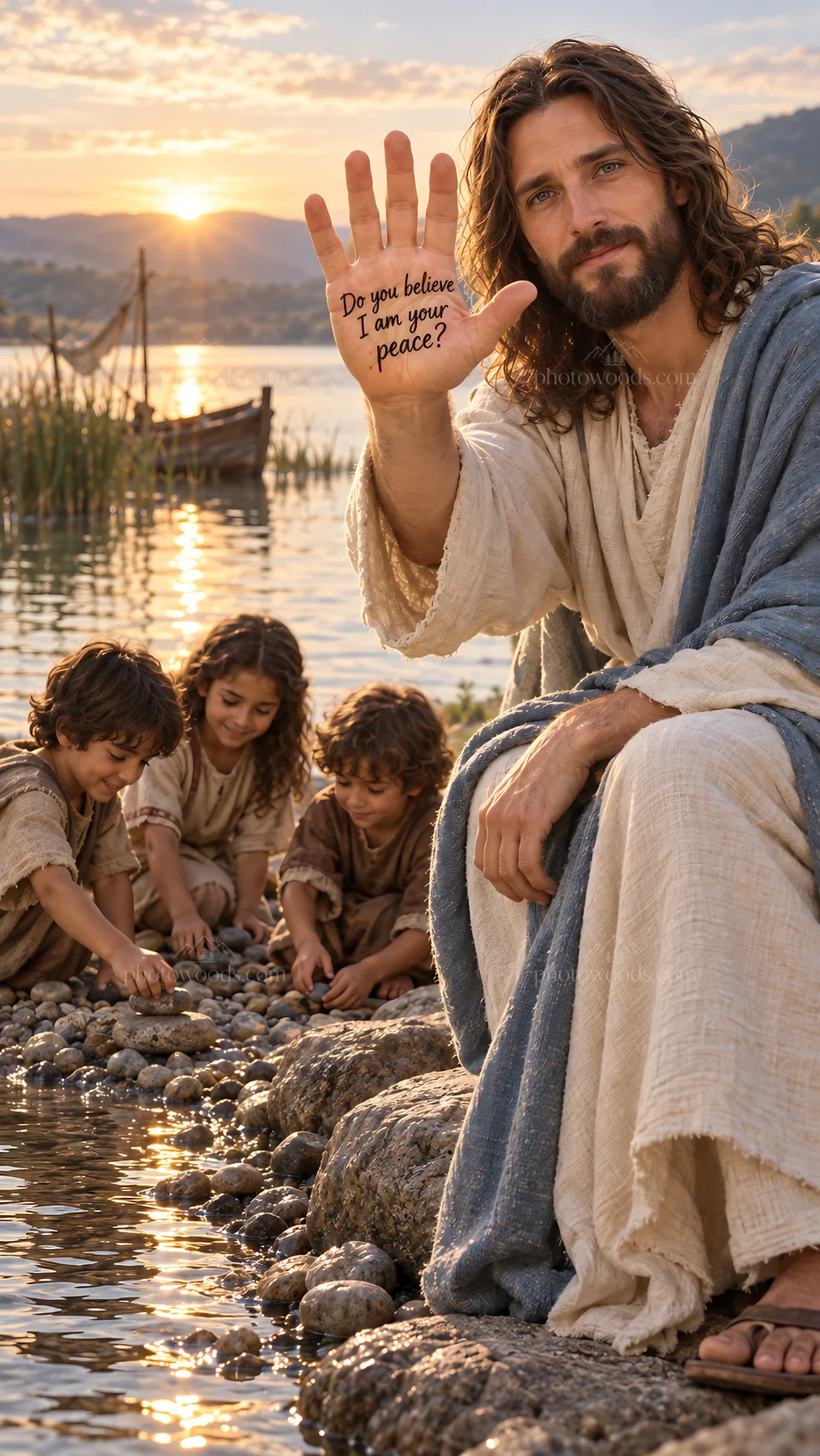 Jesus Christ teaching children by the water - AI-generated stock image