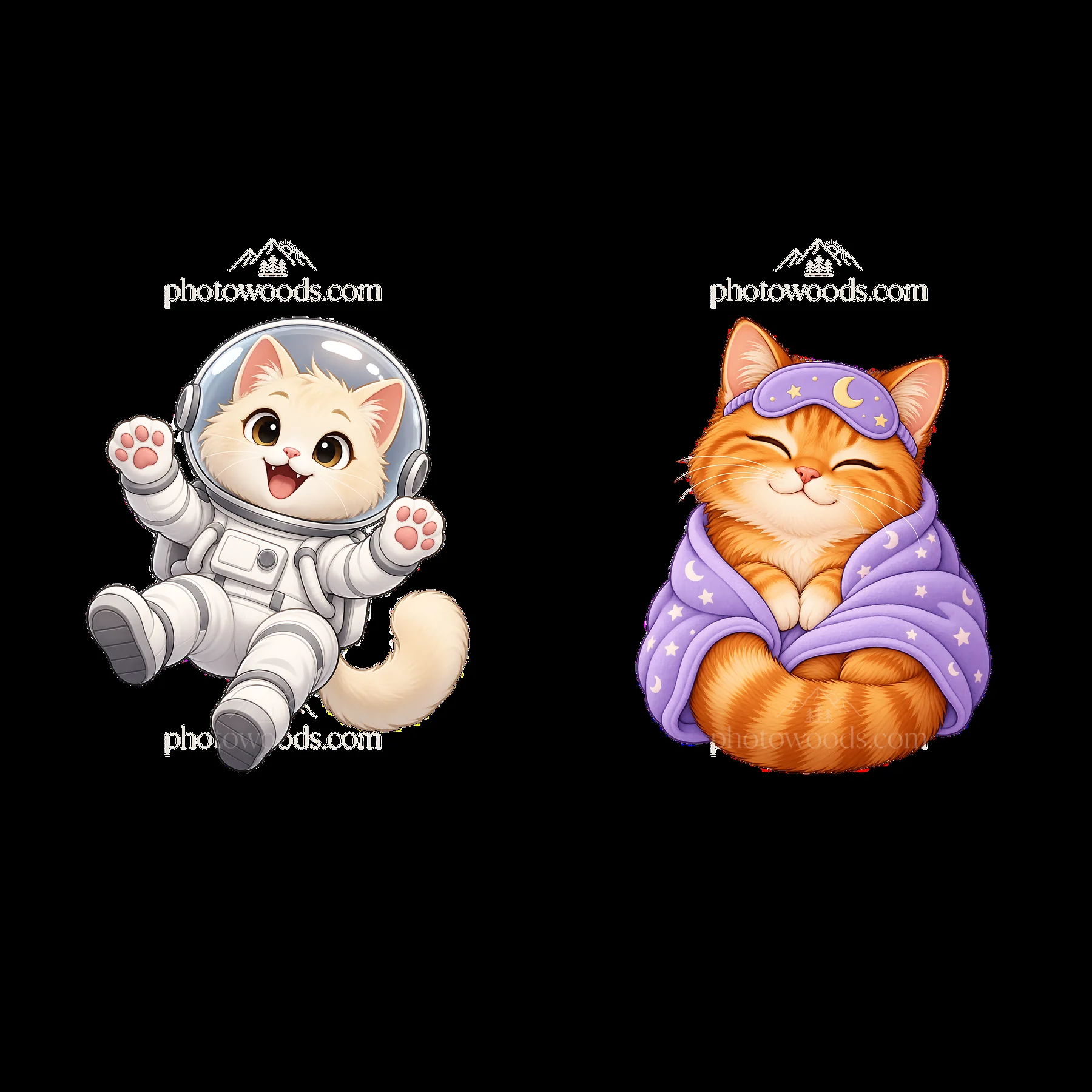Cats in space and cozy pajamas with cute expressions - AI-generated stock image