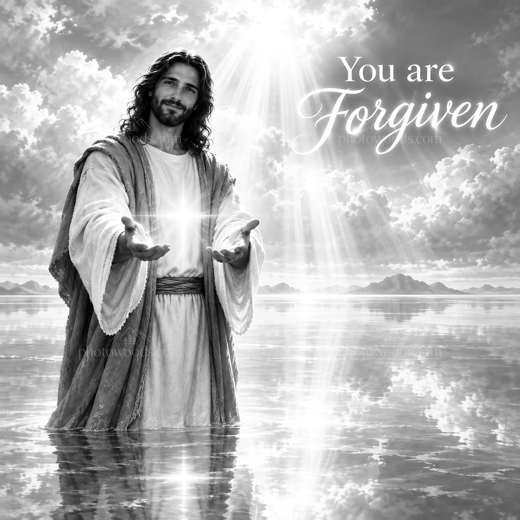 Jesus Christ offers forgiveness in a tranquil setting - AI-generated stock image