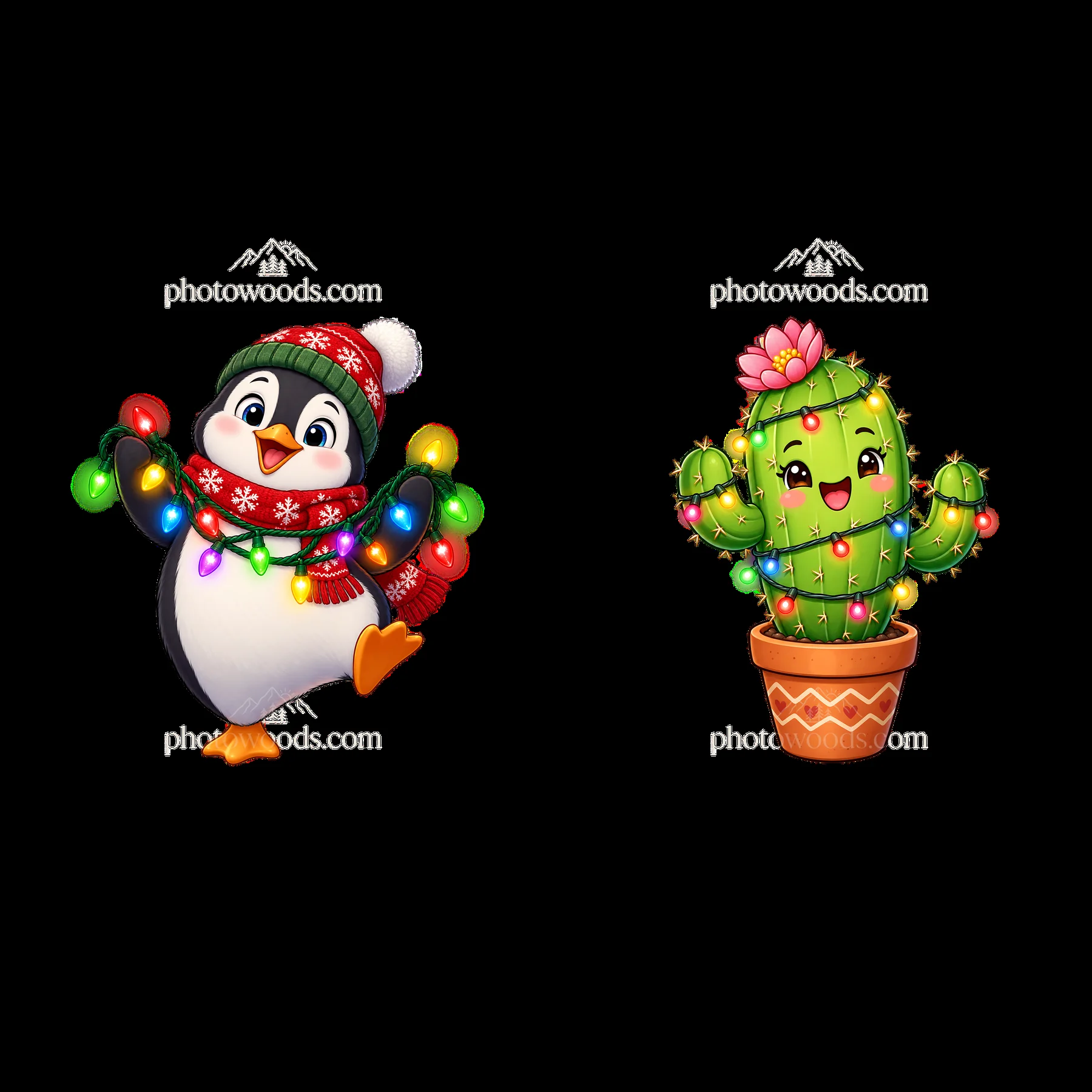 Penguin and cactus with string lights in festive colors - AI-generated stock image