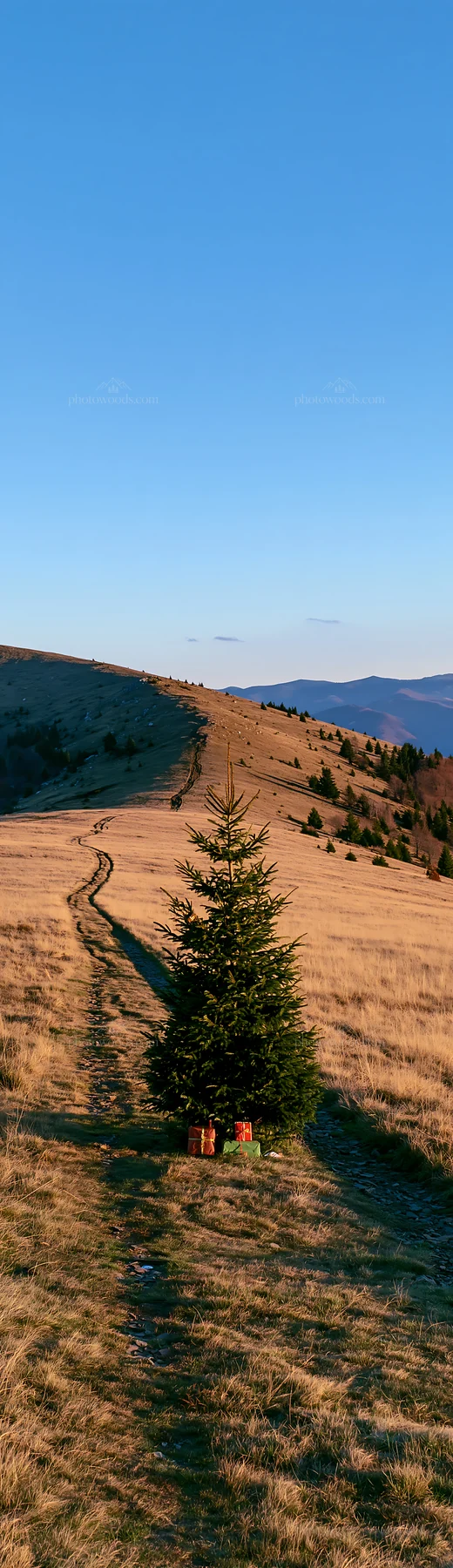 Evergreen tree surrounded by grass and hills at sunset - AI-generated stock image