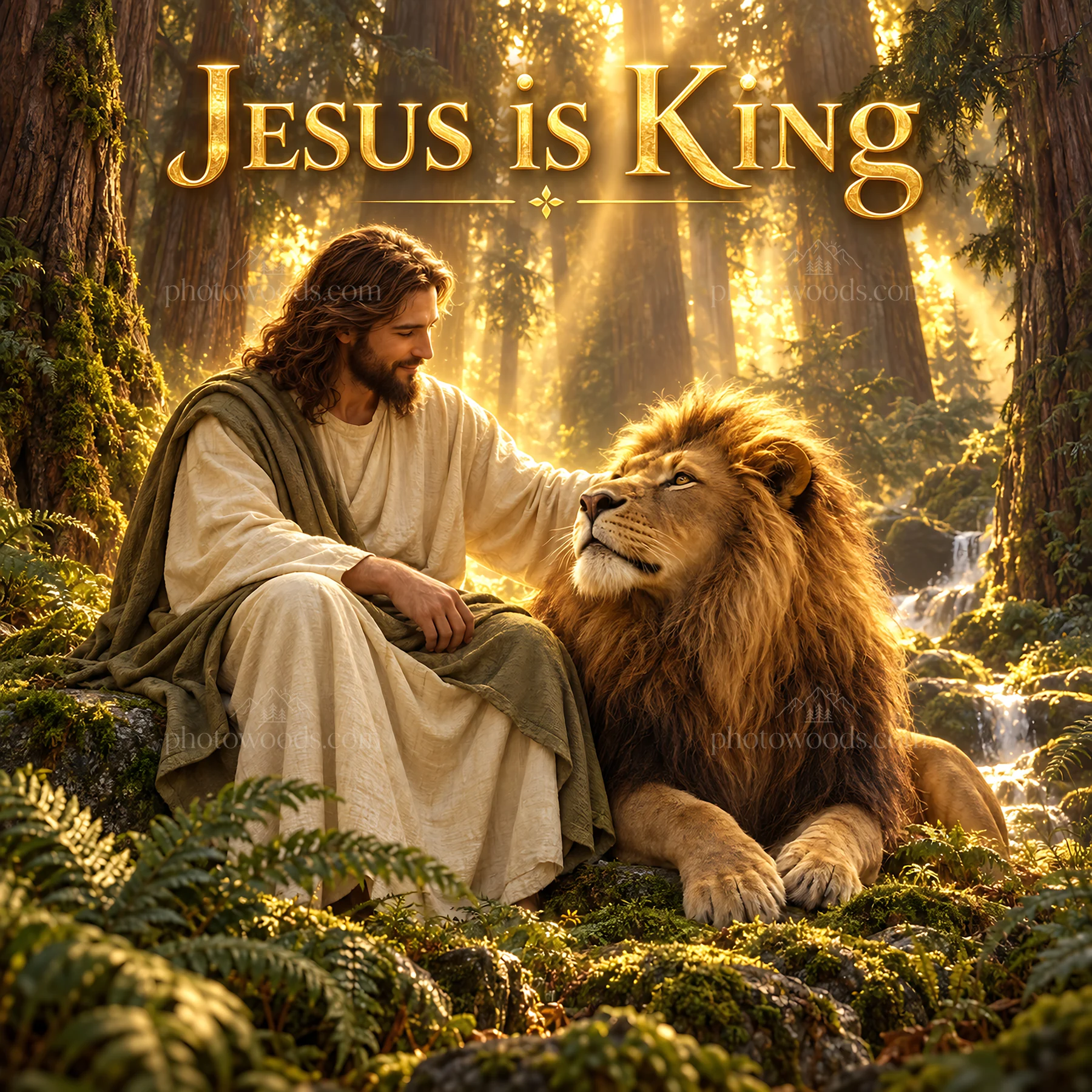Jesus Christ with a lion in a forest setting - AI-generated stock image