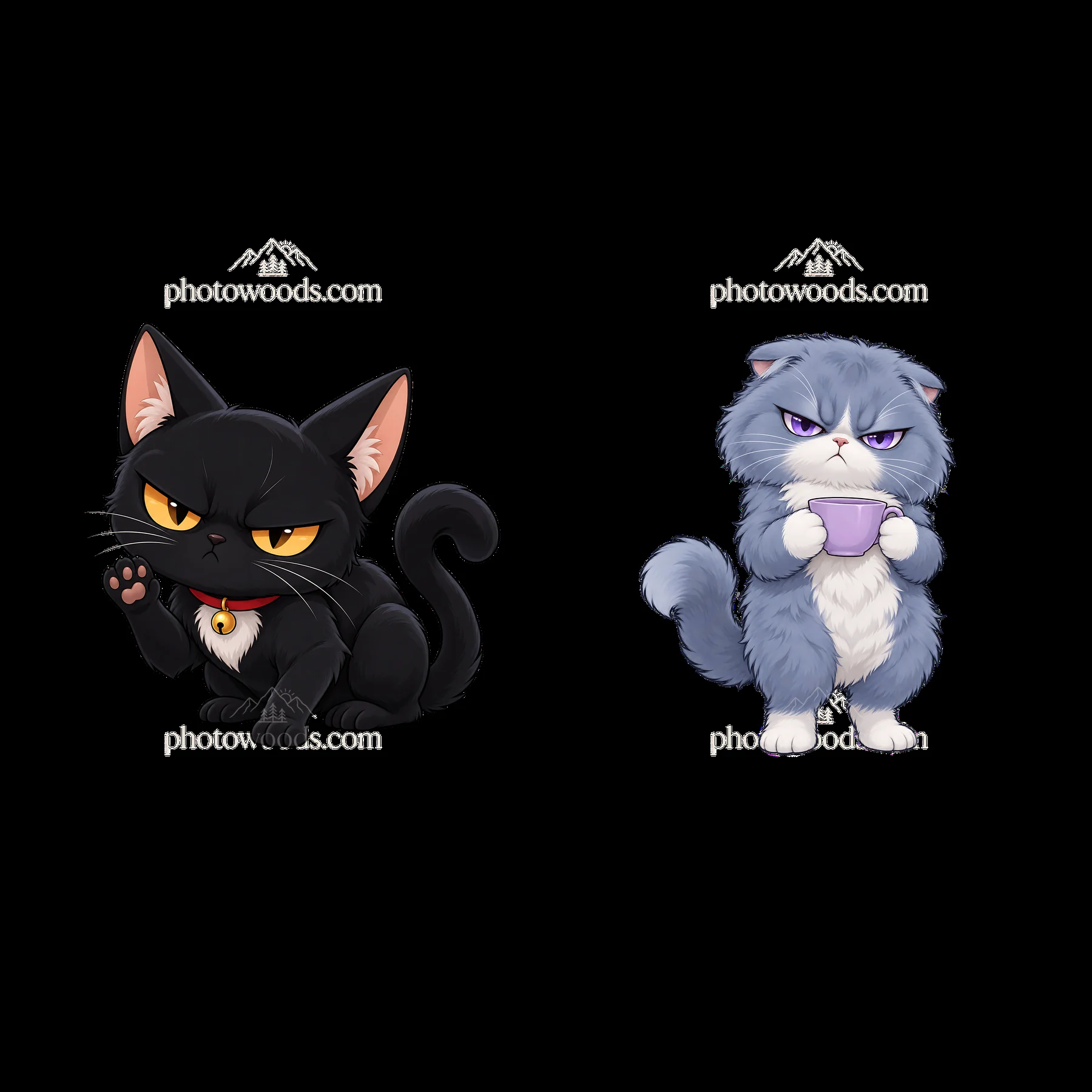 Kawaii grumpy cat cartoon sticker pair with coffee and pose - AI-generated stock image