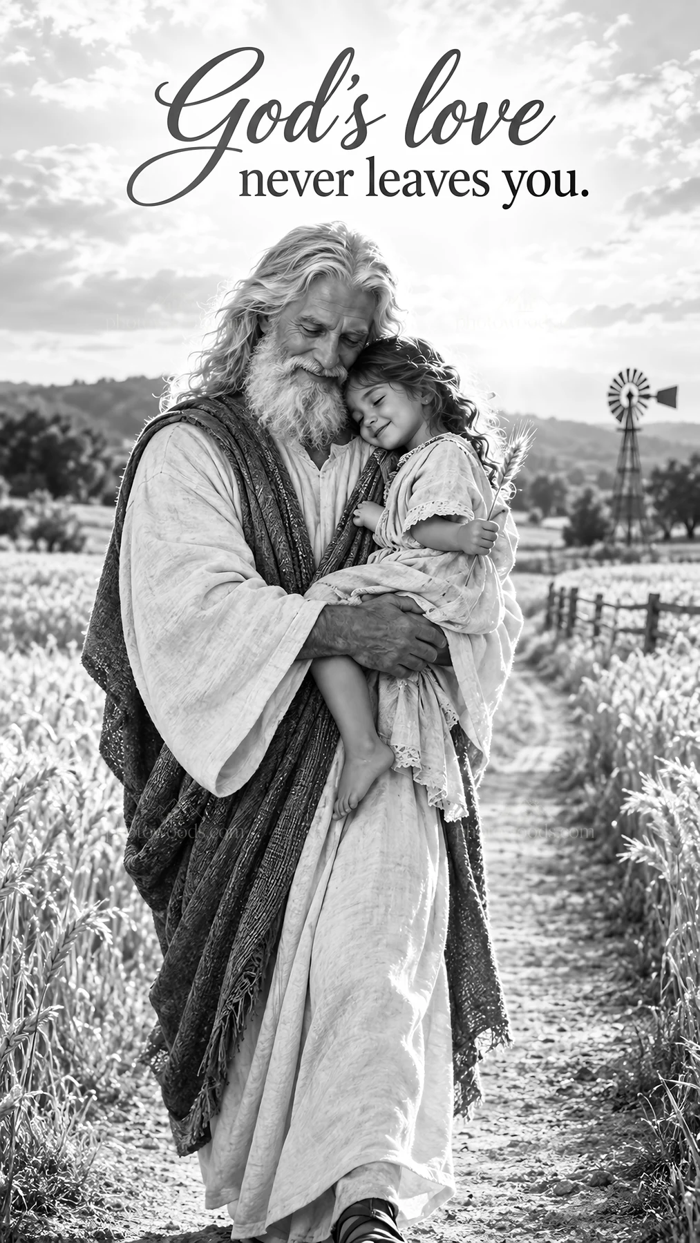 Jesus Christ comforting a child in a field - AI-generated stock image