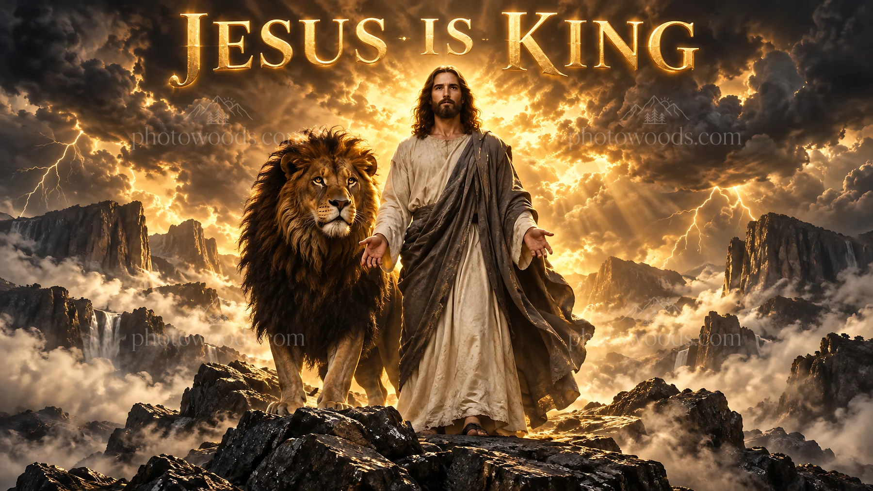 Jesus Christ stands beside a lion in a mountainscape - AI-generated stock image