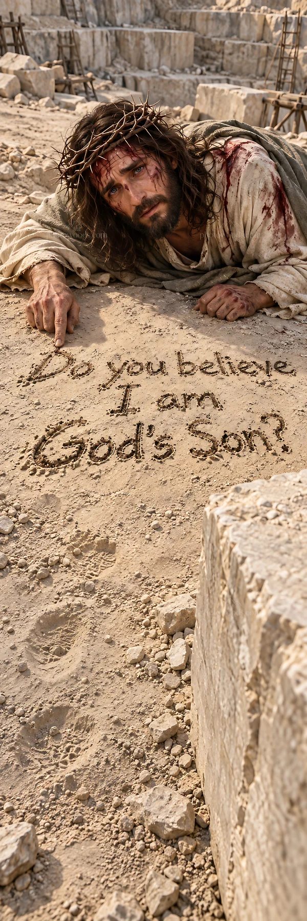 Jesus Christ writing in the sand while asking about faith - AI-generated stock image