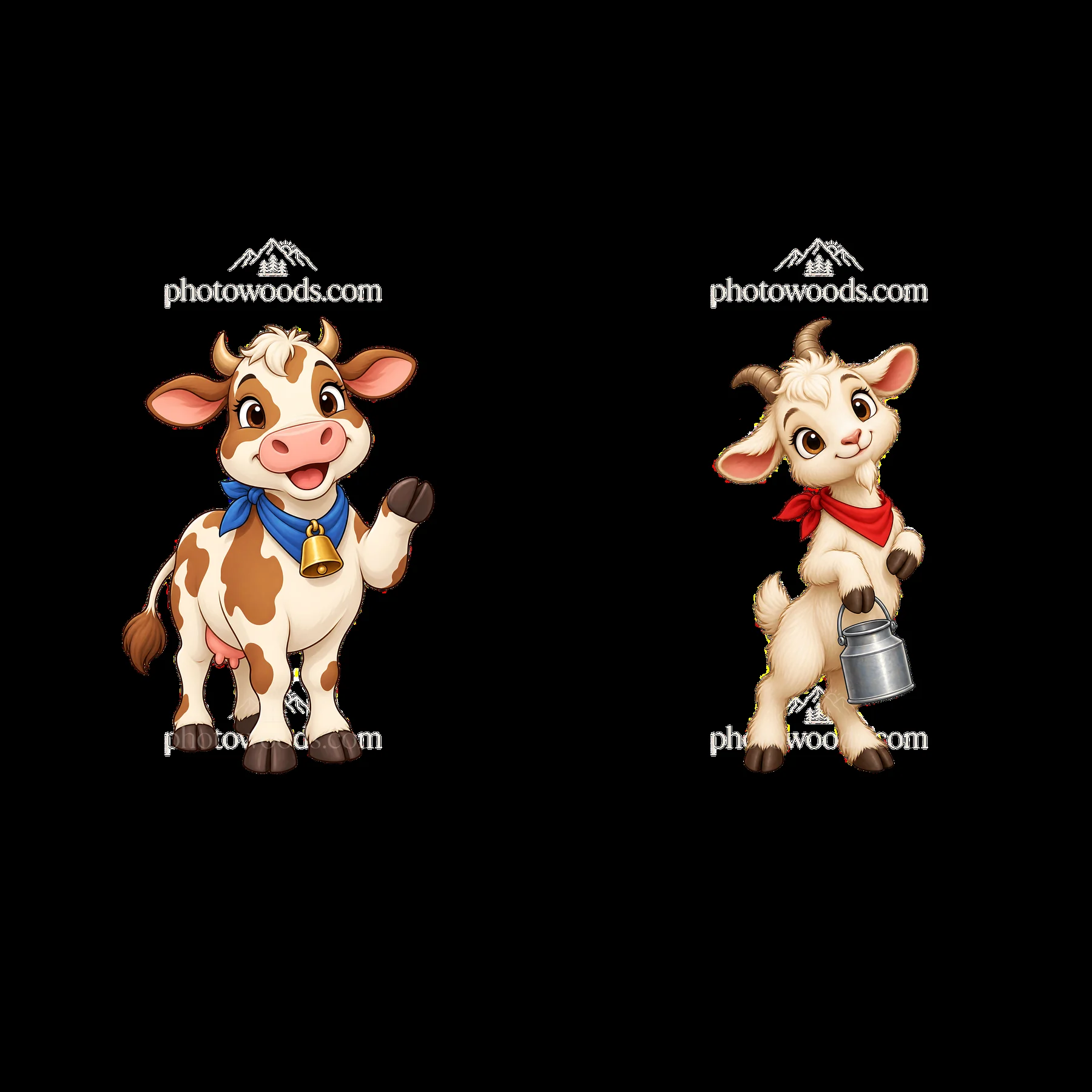 Happy cow and cheerful goat cartoon sticker duo - AI-generated stock image