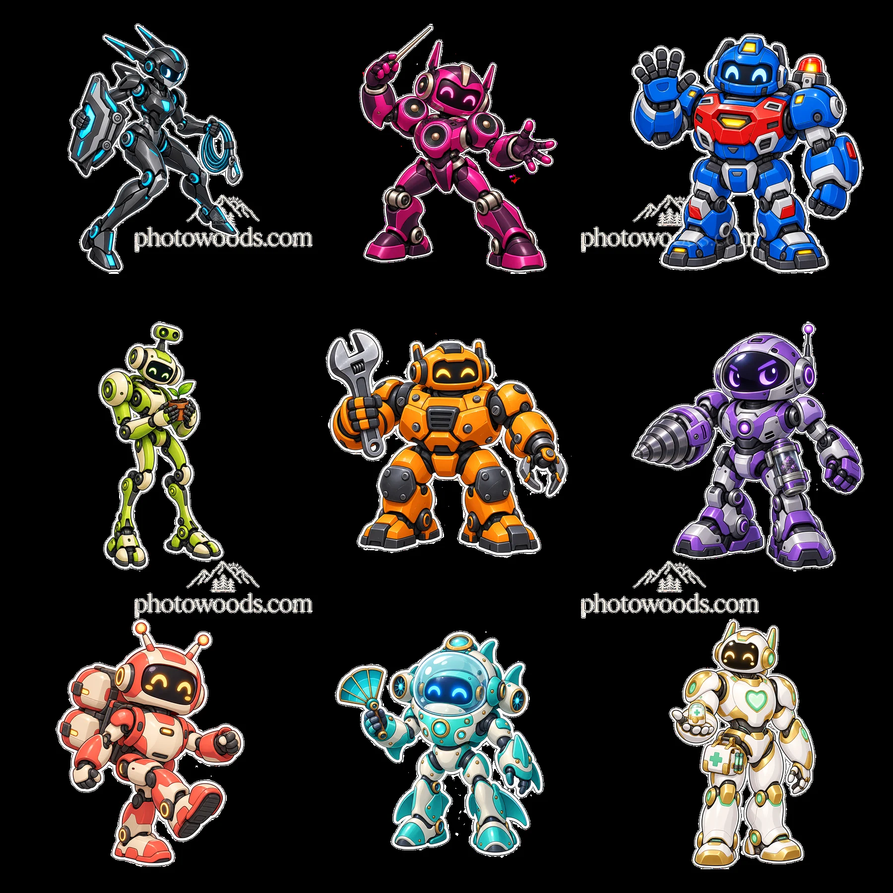 Colorful mech robot collection in a 3x3 grid layout - AI-generated stock image