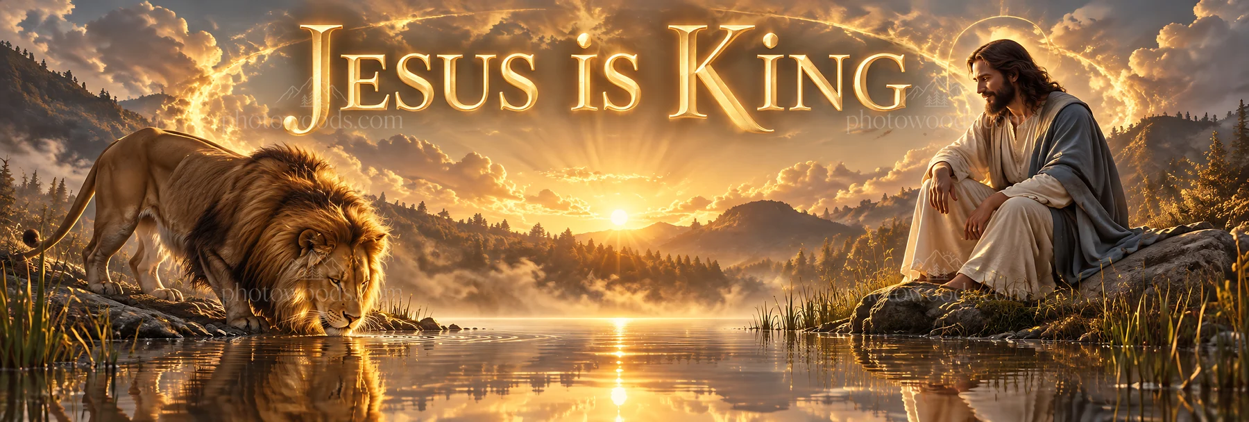 Jesus Christ sitting by the water with a lion at sunset - AI-generated stock image