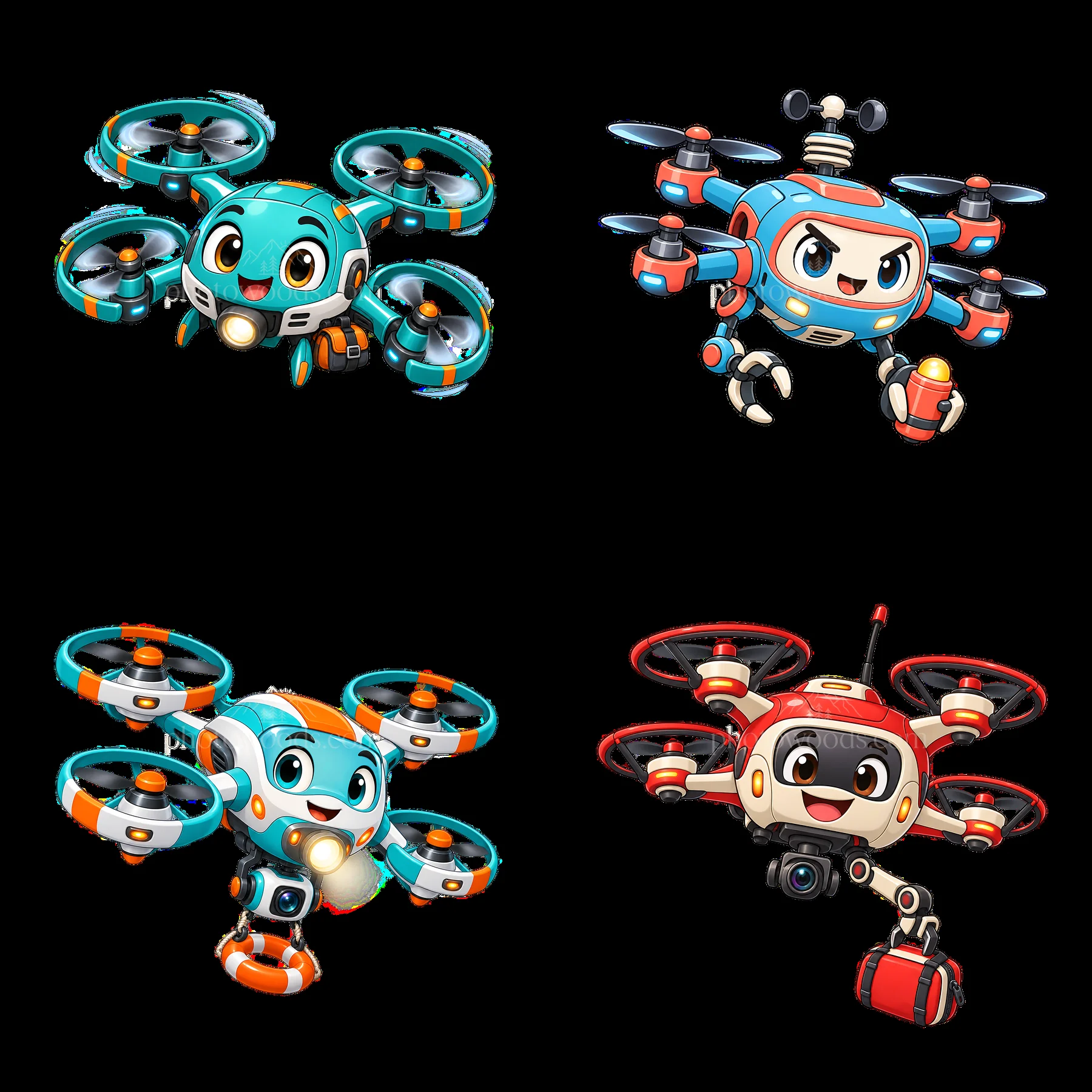 Four colorful cartoon drones with unique designs and features - AI-generated stock image