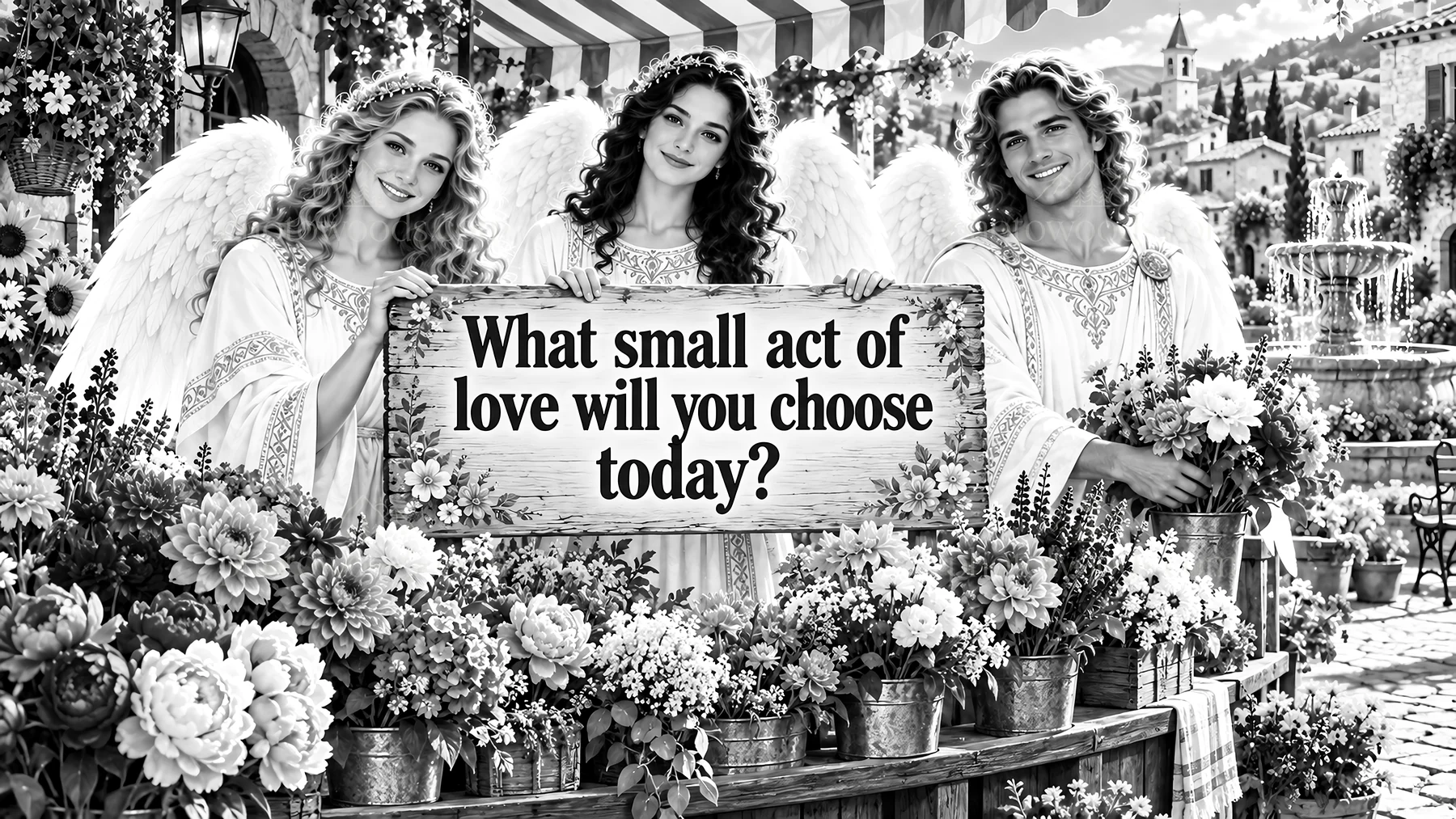 Jesus Christ inviting small acts of love in a garden scene - AI-generated stock image