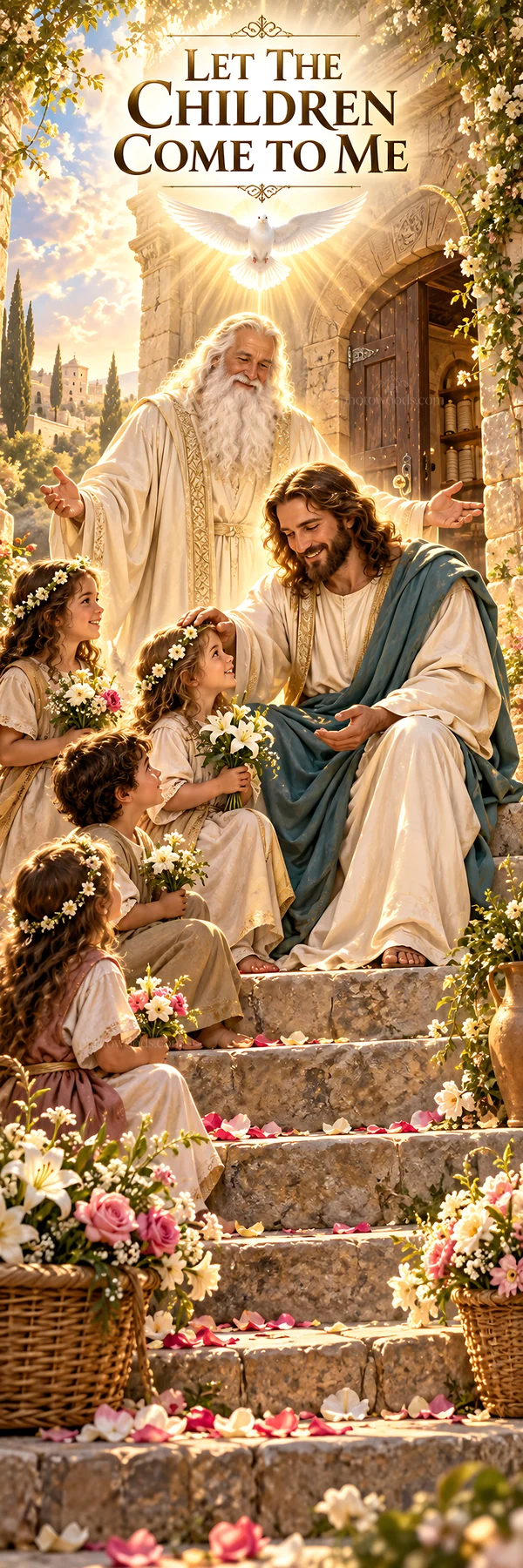 Jesus Christ welcomes children on the steps - AI-generated stock image