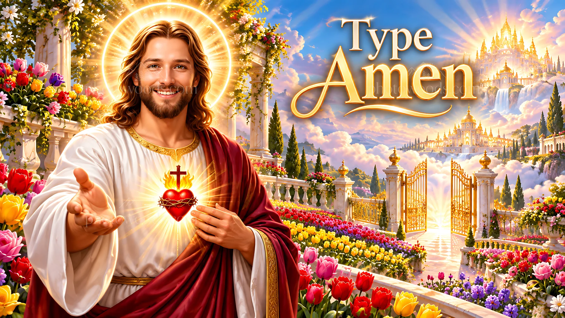 Jesus with heart in a garden of tulips - AI-generated stock image
