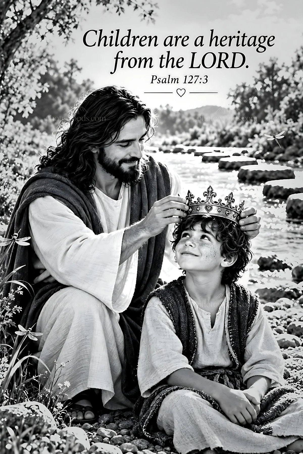 Jesus Christ placing a crown on a child's head by the river - AI-generated stock image