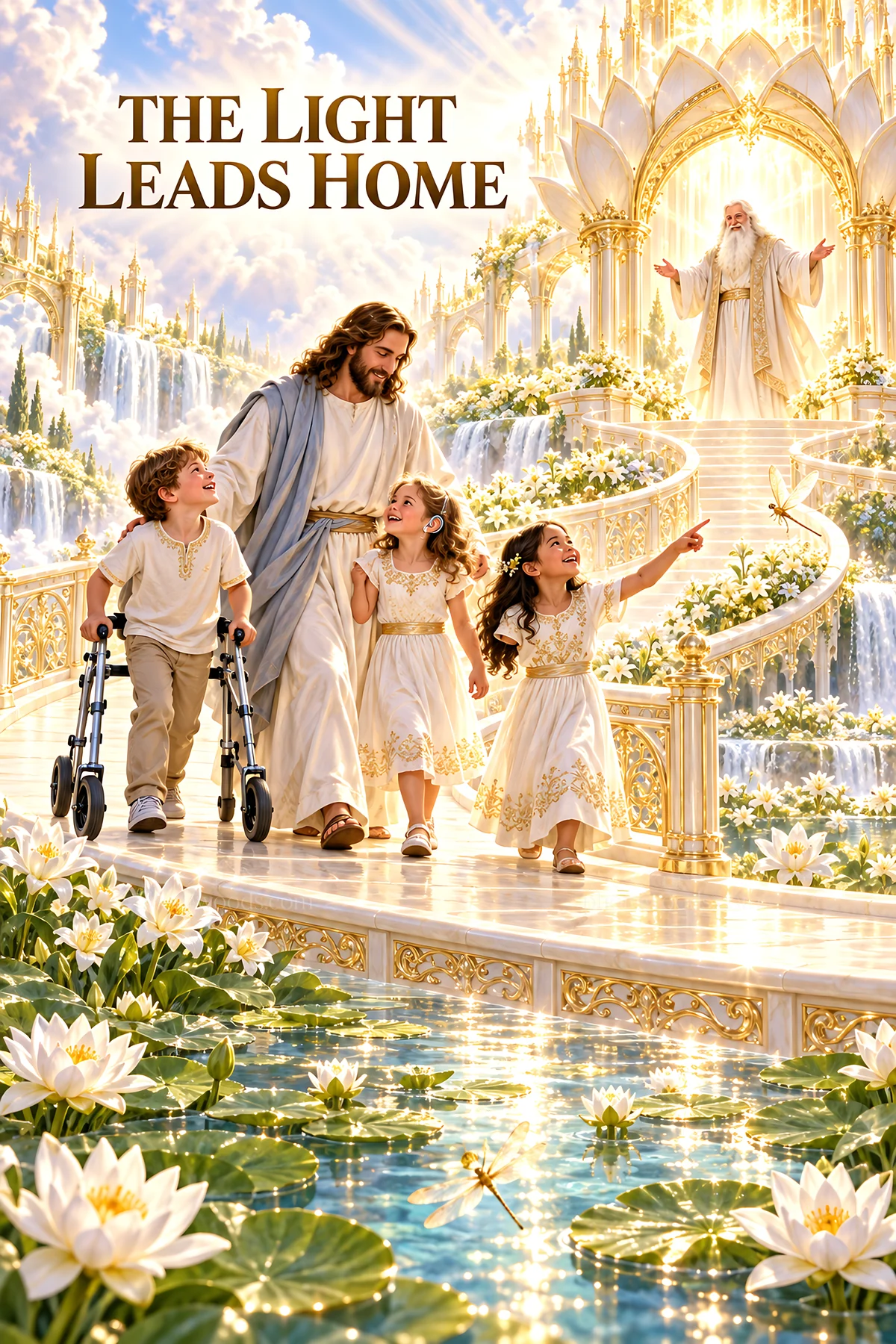 Jesus Christ guiding children towards the light - AI-generated stock image