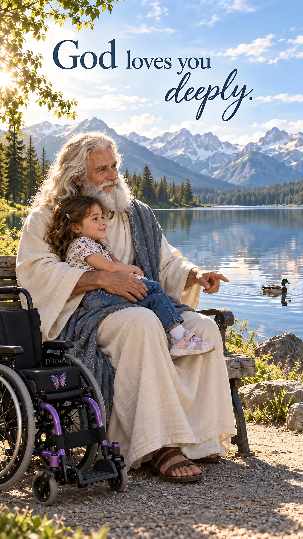 Jesus Christ comforted a child by a tranquil lake - AI-generated stock image