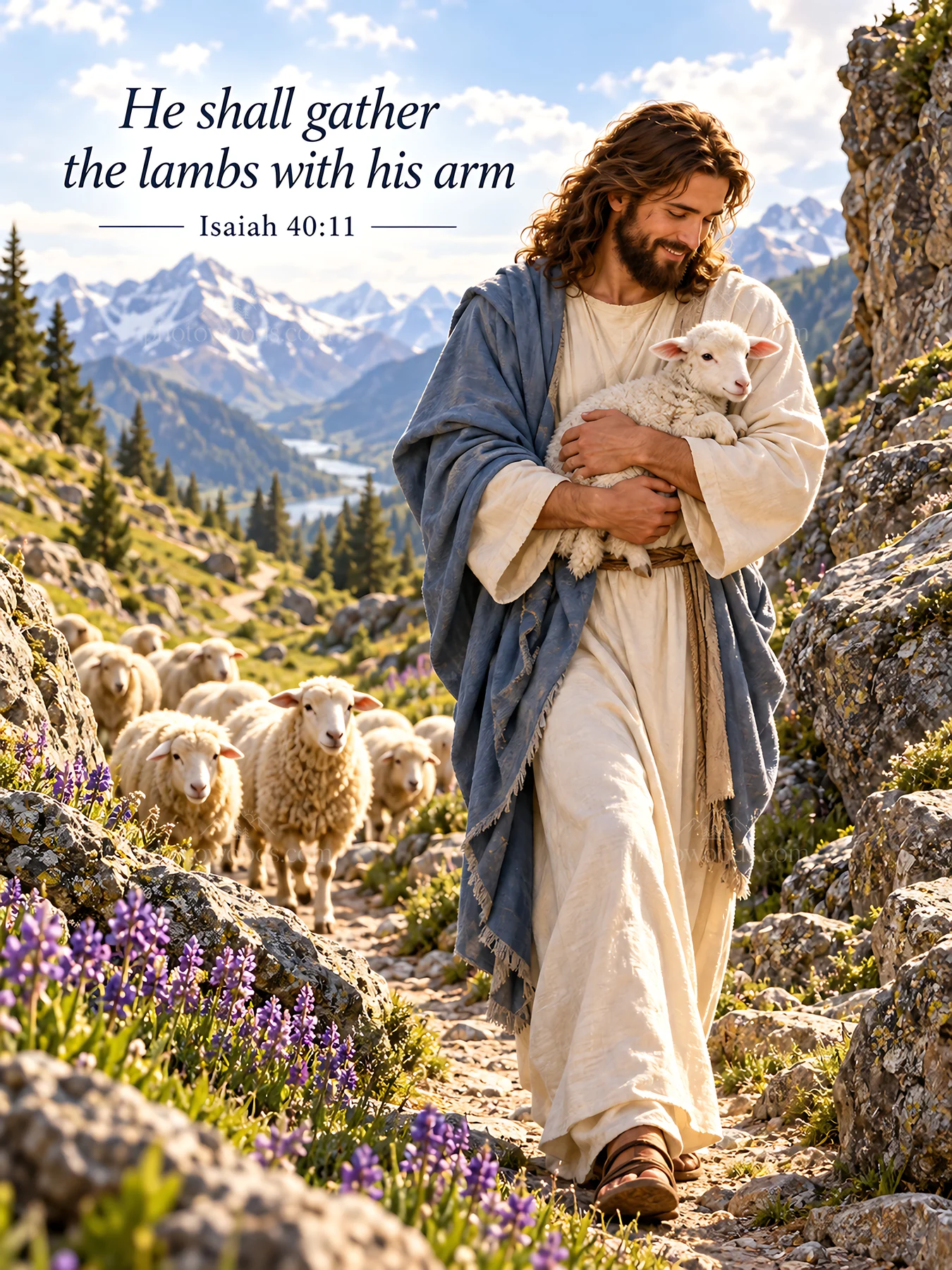 Jesus Christ gathers lambs with his arm in a mountainous scene - AI-generated stock image
