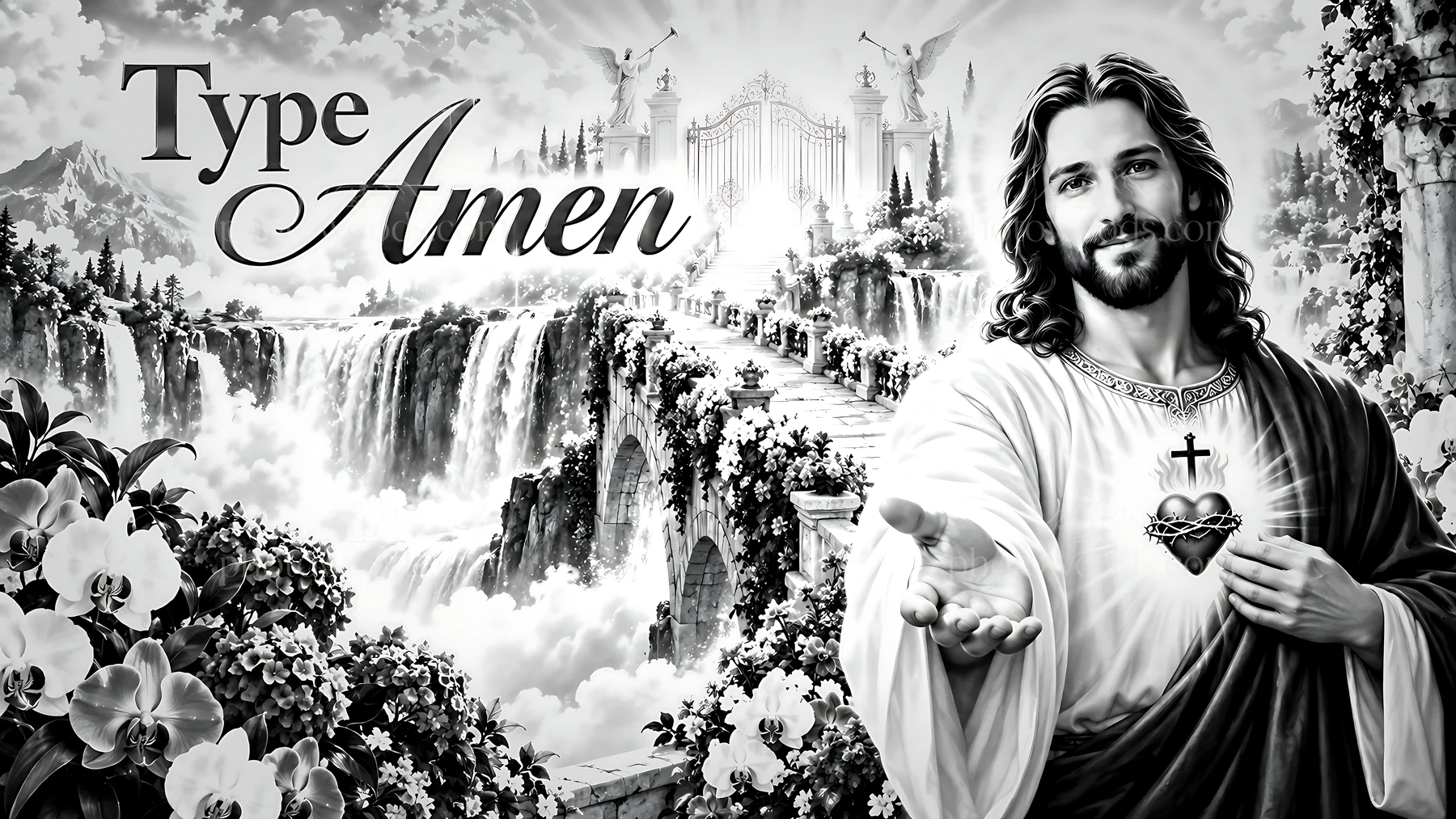 Waterfall of Grace with Jesus reaching out - AI-generated stock image