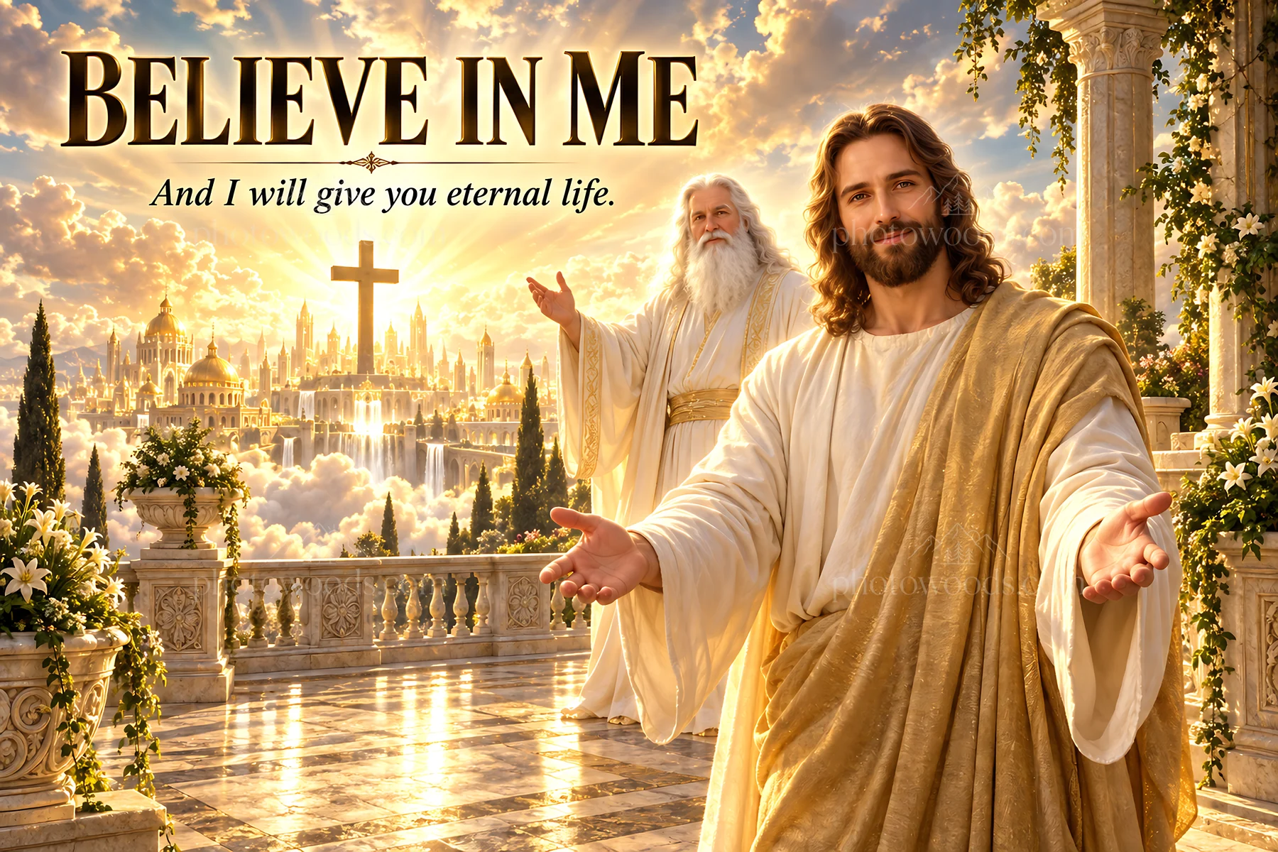 Jesus Christ inviting believers to everlasting life - AI-generated stock image