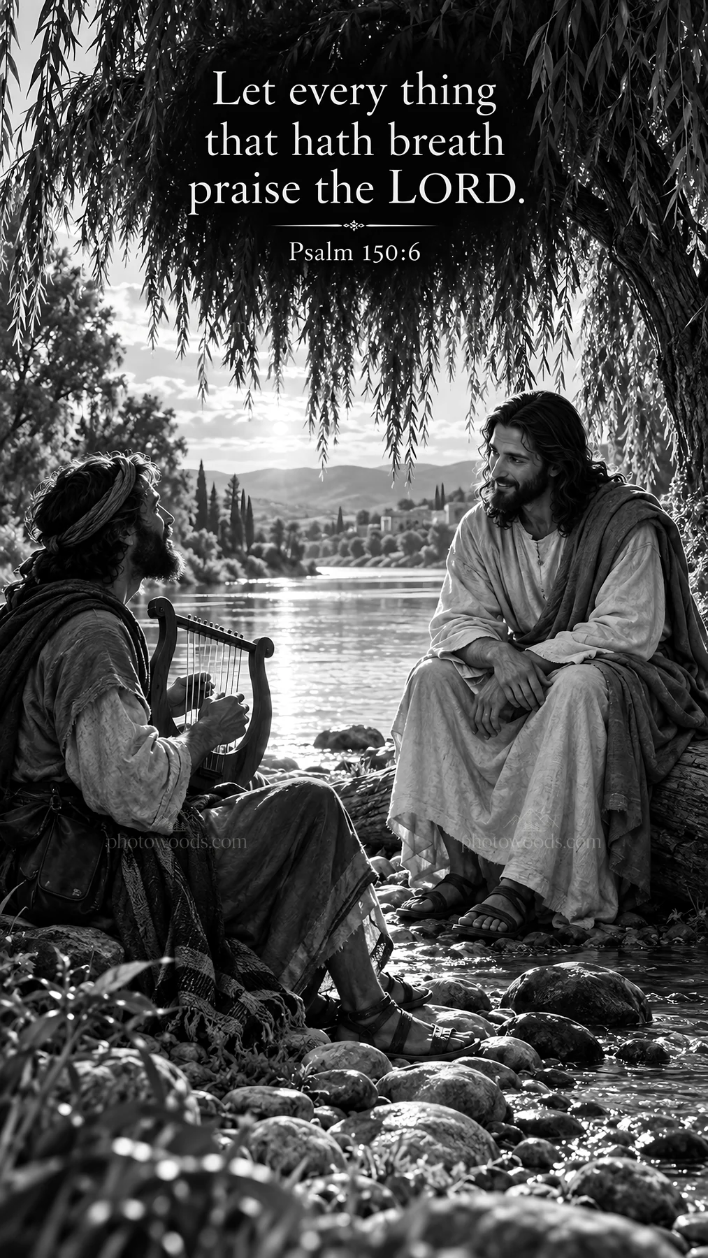 Jesus Christ teaching and comforting a man by the water - AI-generated stock image