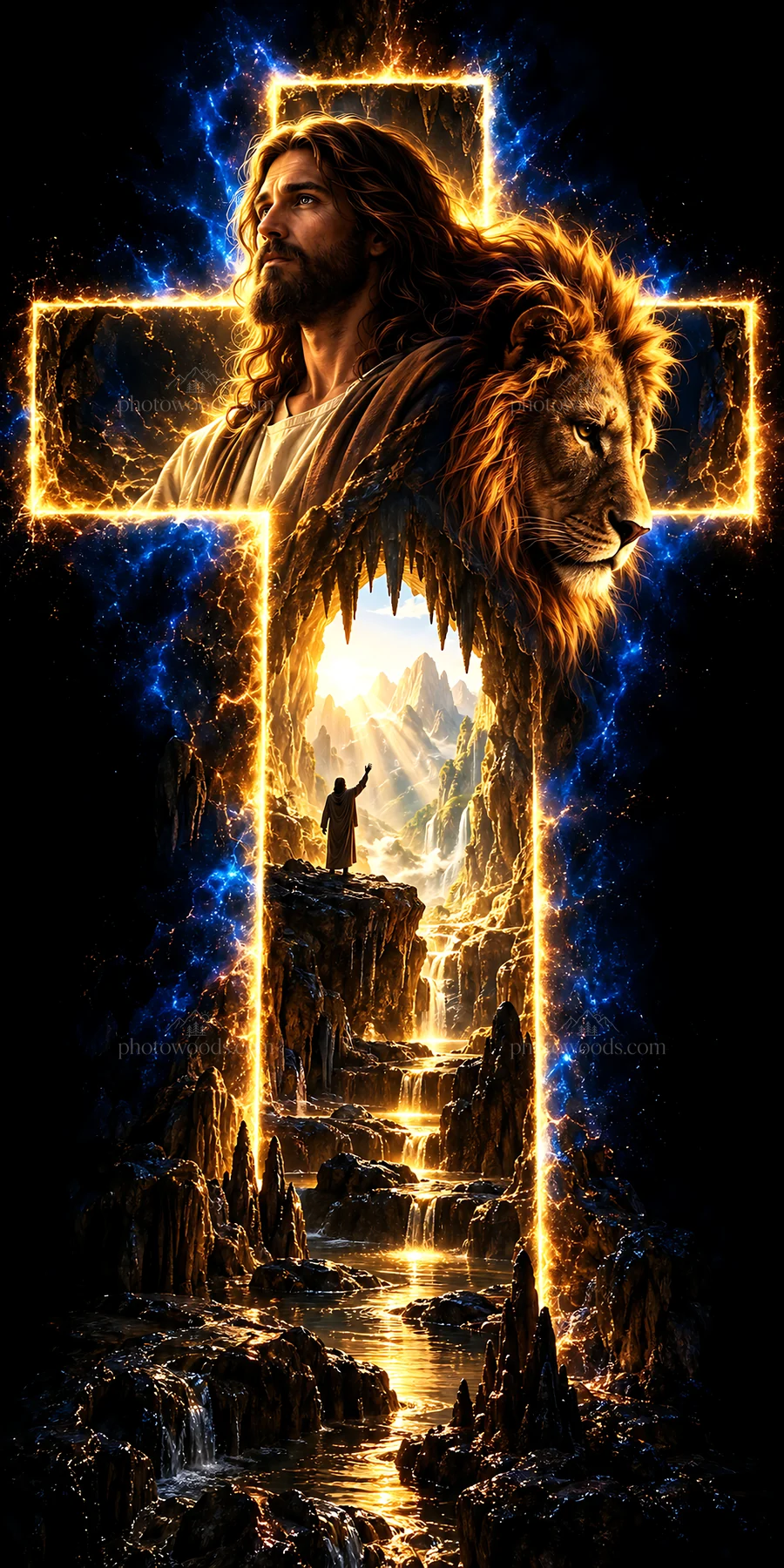 Jesus Christ in a cross with a lion, guiding in a mystical setting - AI-generated stock image