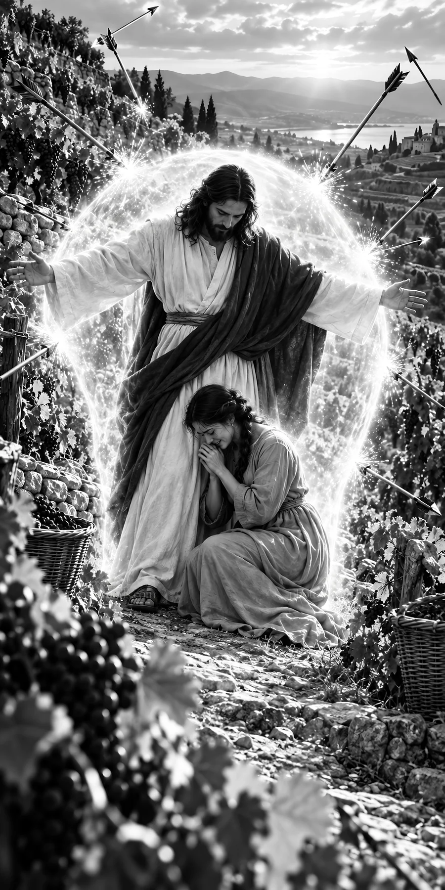 Jesus Christ comforts a woman in a vineyard setting - AI-generated stock image