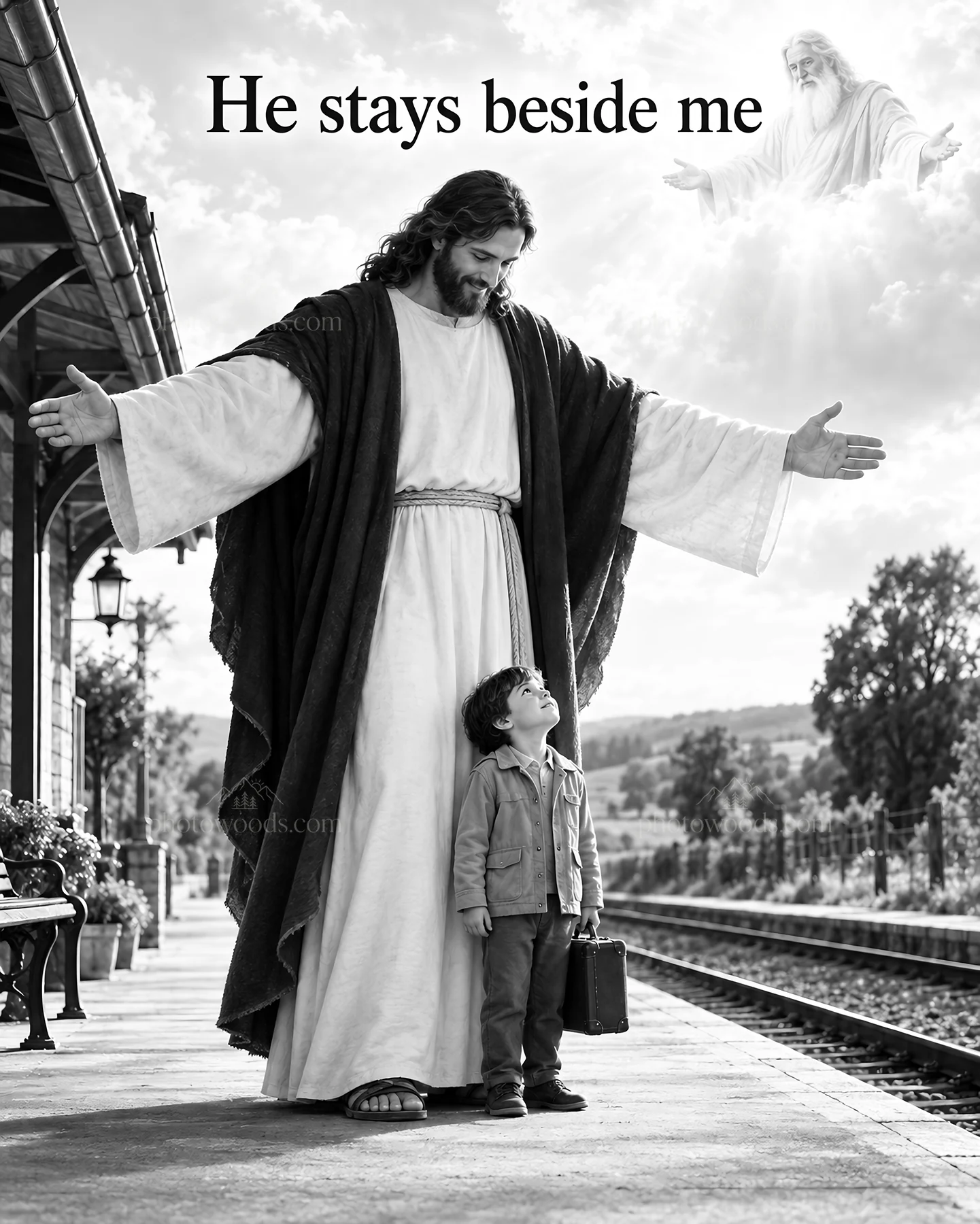 Jesus Christ welcomes a child at a train station - AI-generated stock image